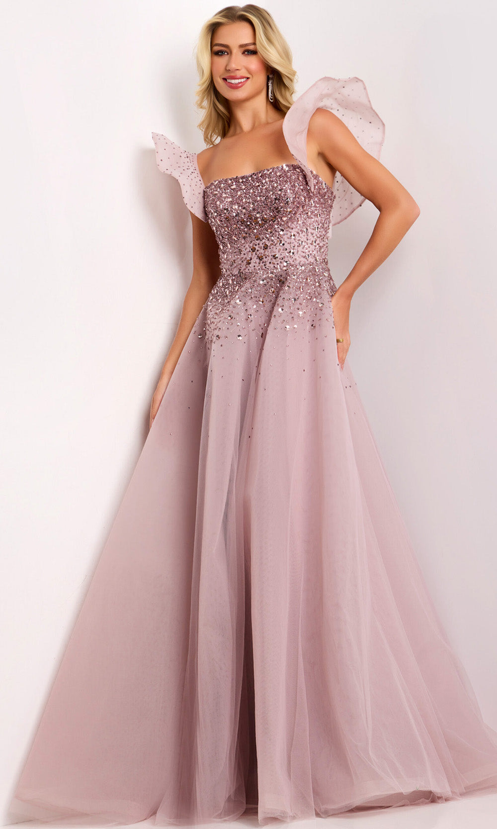 Jovani 37423 - Long Tulle A-line Dress - Sequin, Glitter Embellishments, Flutter Sleeves, Open Back with Strap, Sweep Train Couture Candy Jovani 37423 - Long Tulle A-line Dress - Sequin, Glitter Embellishments, Flutter Sleeves, Open Back with Strap, Sweep Train Couture Candy