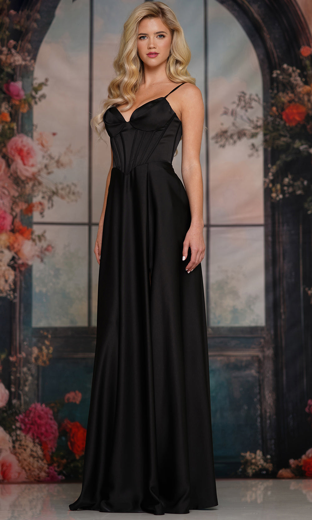 Colors Dress 3743 - Long Satin A-line Dress - Structured Corset Bodice, Flowing Skirt, Thin Straps, Back Zipper Closure 0 / Black - Shop Colors Dress Colors Dress 3743 - Long Satin A-line Dress - Structured Corset Bodice, Flowing Skirt, Thin Straps, Back Zipper Closure 0 / Black - Shop Colors Dress