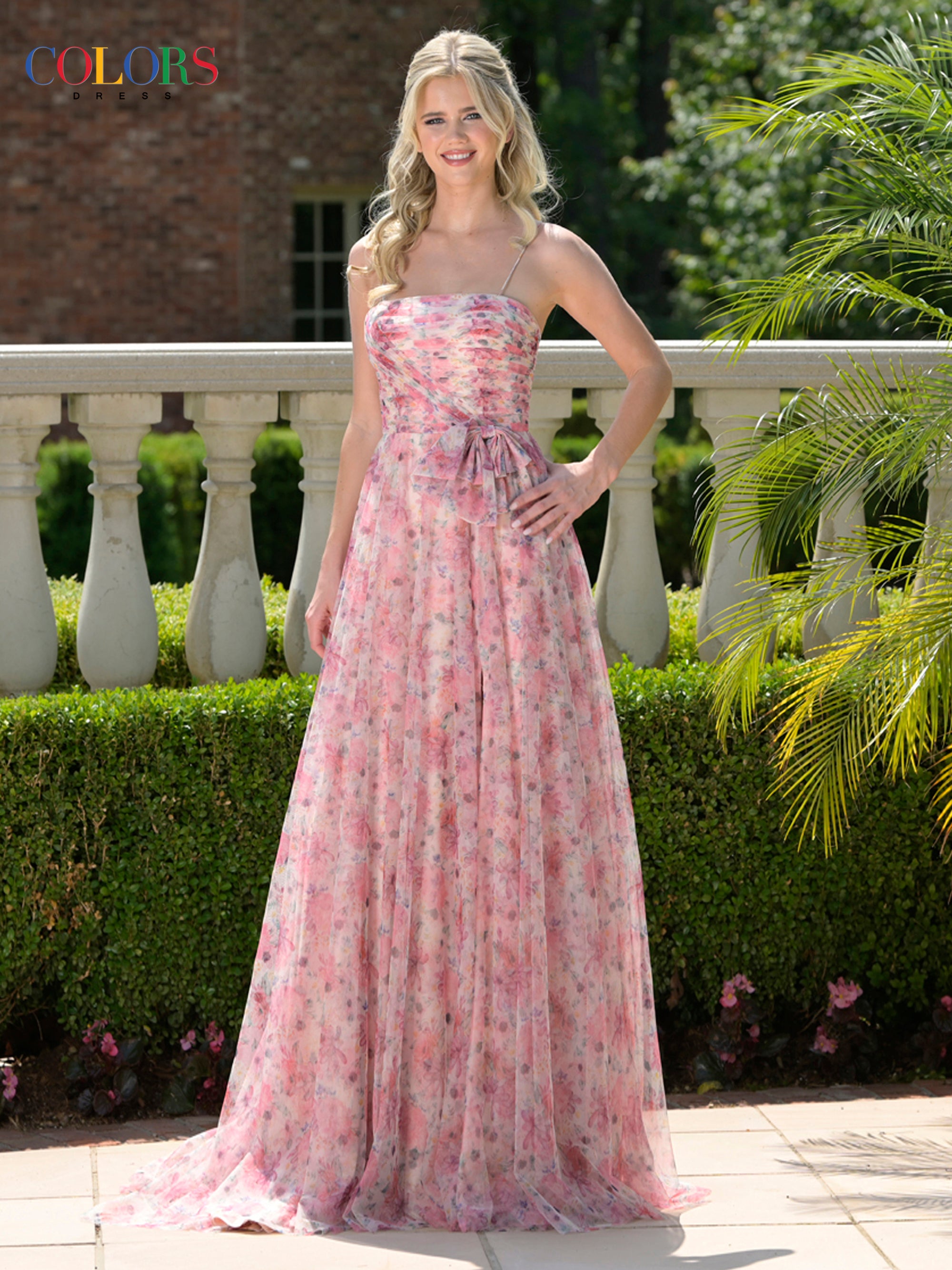 Colors Dress 3812 - Long Chiffon A-line Dress - Ruched Bodice, Waist Bow, Floral Print, Spaghetti Straps, Flowing Skirt Couture Candy Colors Dress 3812 - Long Chiffon A-line Dress - Ruched Bodice, Waist Bow, Floral Print, Spaghetti Straps, Flowing Skirt Couture Candy
