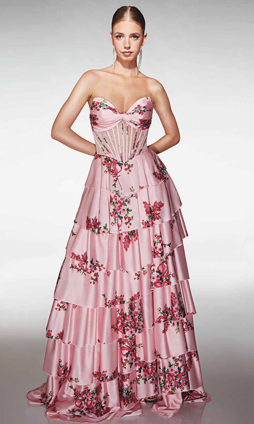 Aerie Couture 396 - Long Soft Satin Print A-line Dress - Soft satin print fabric, Strapless sweetheart bodice, Semi-sheer corset with boning, Tiered ruffle skirt with high side slit, Floor-length with sweep Aerie Couture 396 - Long Soft Satin Print A-line Dress - Soft satin print fabric, Strapless sweetheart bodice, Semi-sheer corset with boning, Tiered ruffle skirt with high side slit, Floor-length with sweep