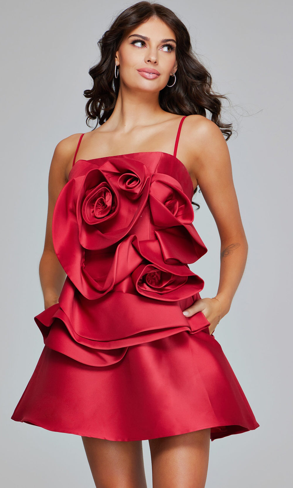 Jovani 39750 - Short Satin A-line Dress - Rosette Ruffles, Spaghetti Straps, Pockets, Mid-Open Back, Concealed Back Zipper Couture Candy Jovani 39750 - Short Satin A-line Dress - Rosette Ruffles, Spaghetti Straps, Pockets, Mid-Open Back, Concealed Back Zipper Couture Candy