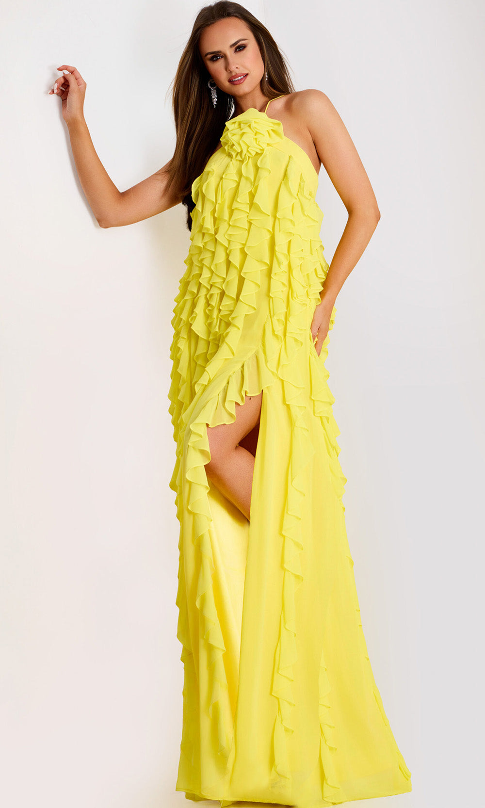 yellow chiffon high low dress A Line Scoop Neck Light Yellow Chiffon Tiered Prom Dress with Slit Venlian