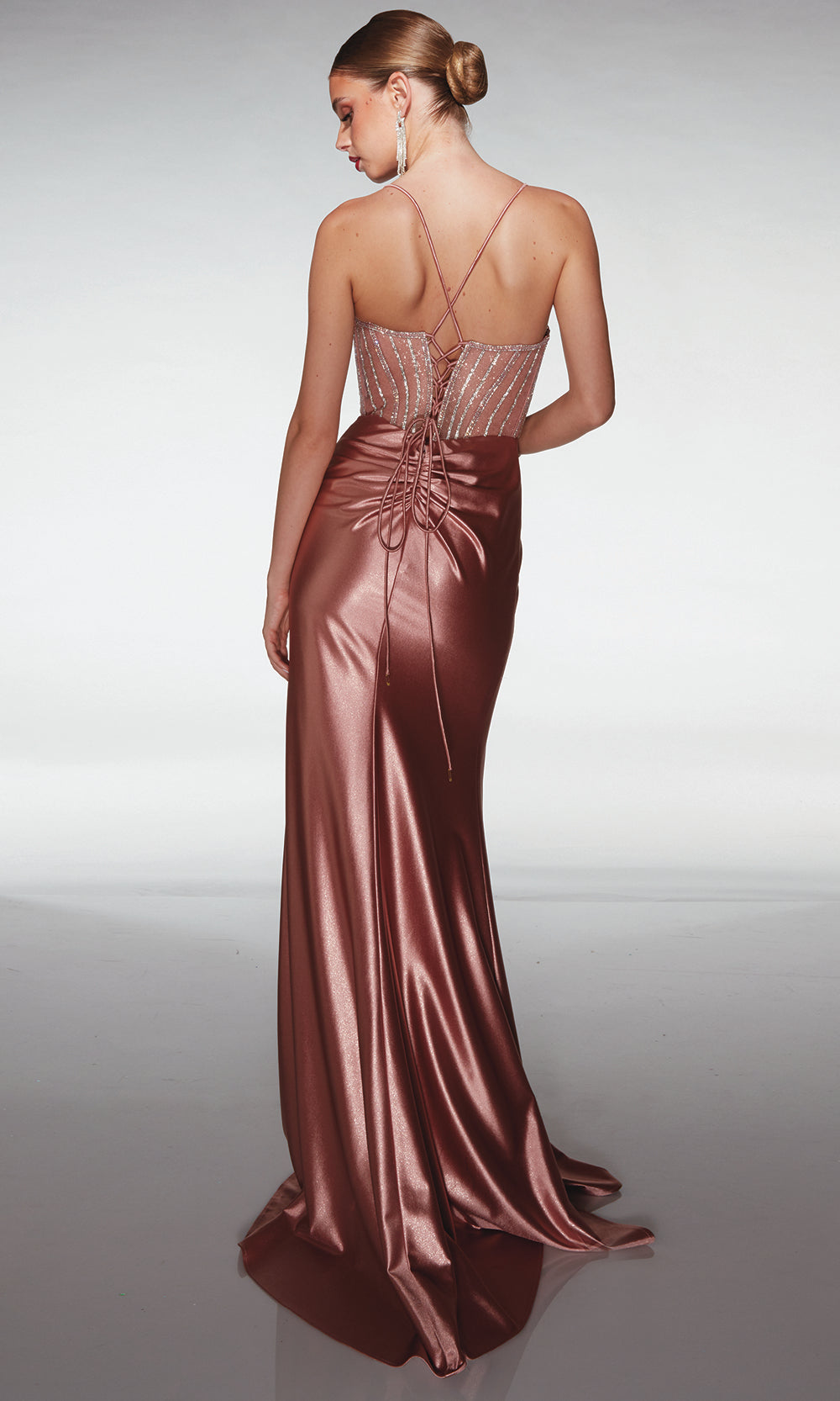 Aerie Couture 402 - Long Stretch Satin Sheath Dress - Spaghetti straps, Sheer beaded corset bodice, Ruched Satin skirt, High slit, Lace up back, Sweep Aerie Couture 402 - Long Stretch Satin Sheath Dress - Spaghetti straps, Sheer beaded corset bodice, Ruched Satin skirt, High slit, Lace up back, Sweep
