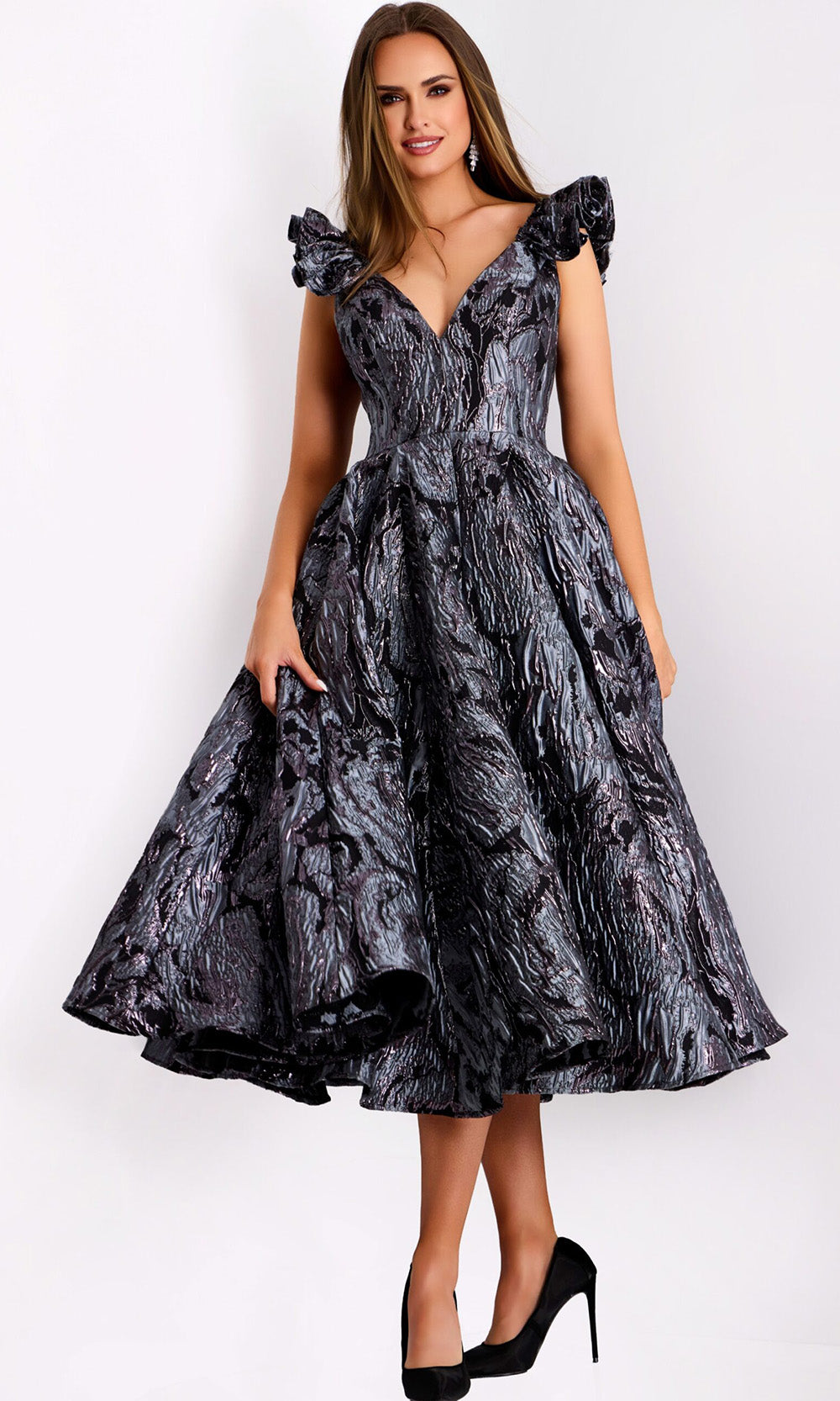 metallic tea length dress Tea-Length Wedding-Guest Dress: Mac Duggal 30761 Antique Gold / XSmall