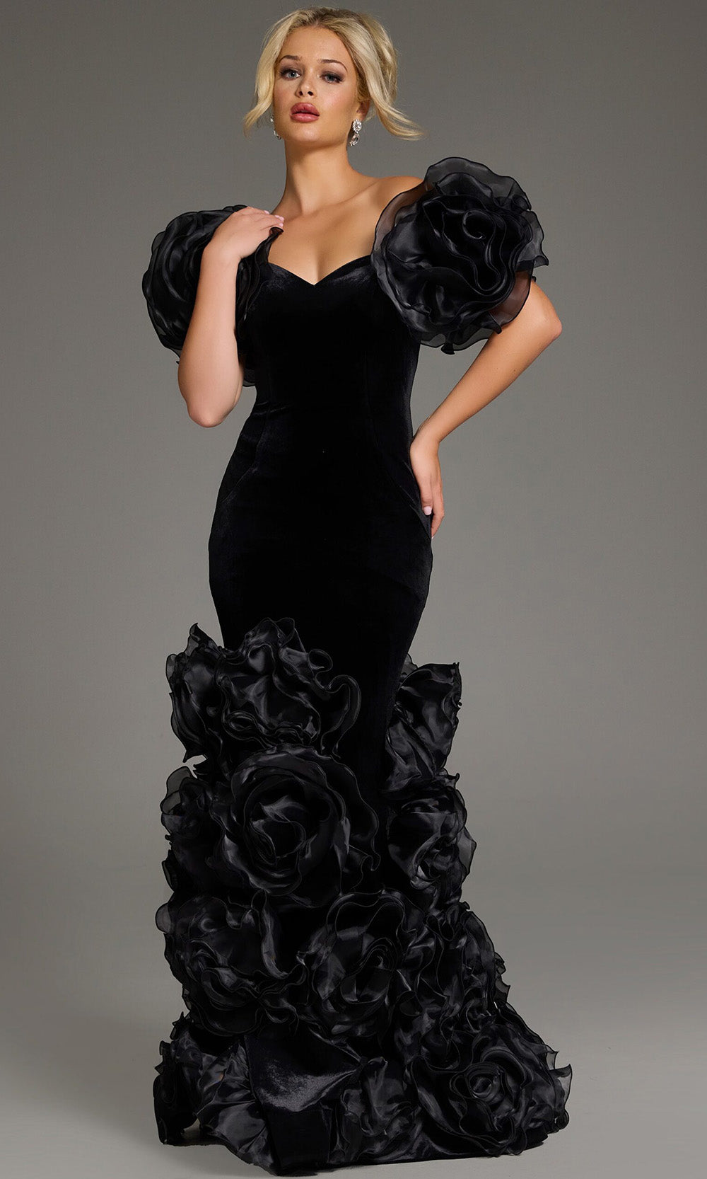Jovani 40843 - Velvet Trumpet Gown with Floral Accents Jovani 40843 - Velvet Trumpet Gown with Floral Accents