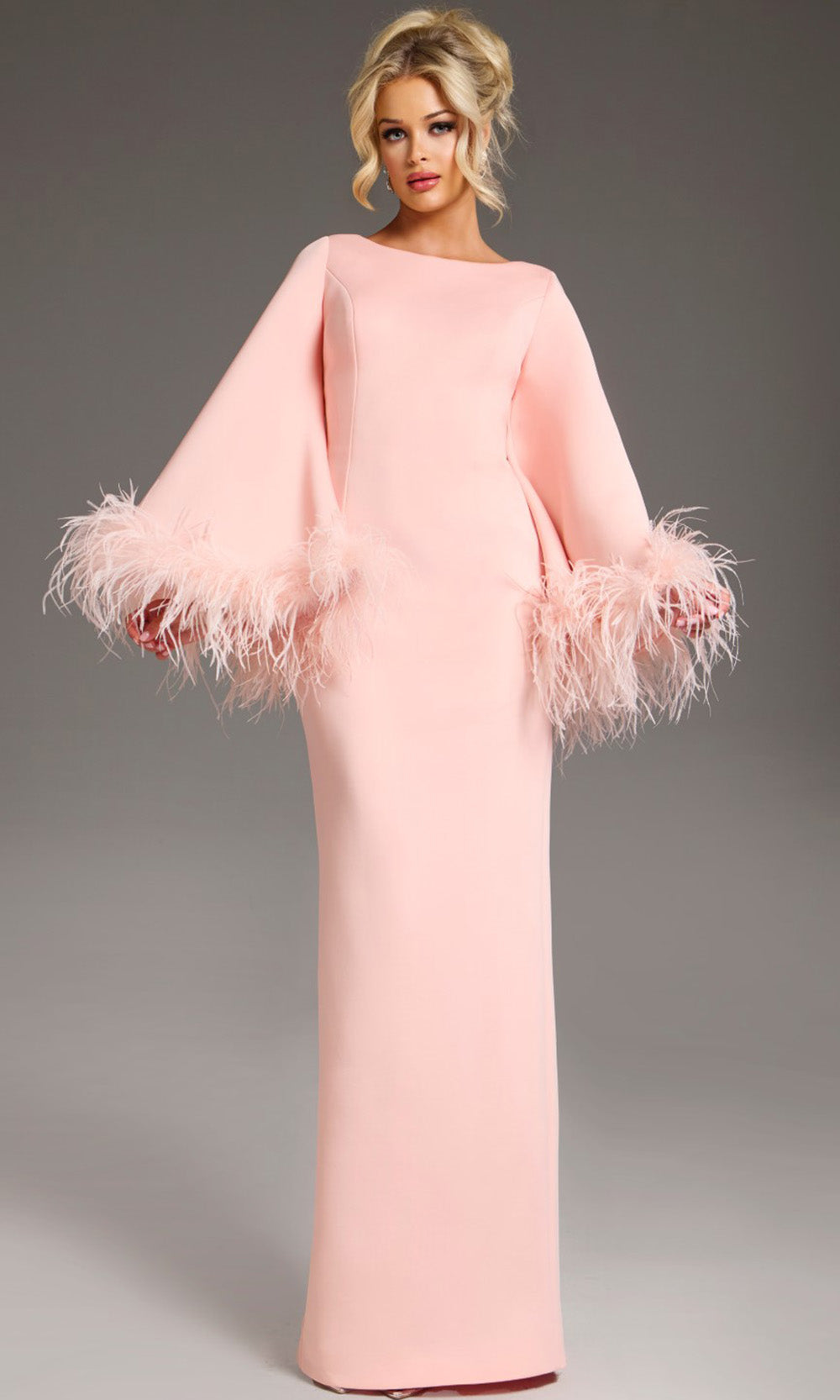 jovani pink feather dress Strapless Satin Gown With Feather Trimmed Slit D5314