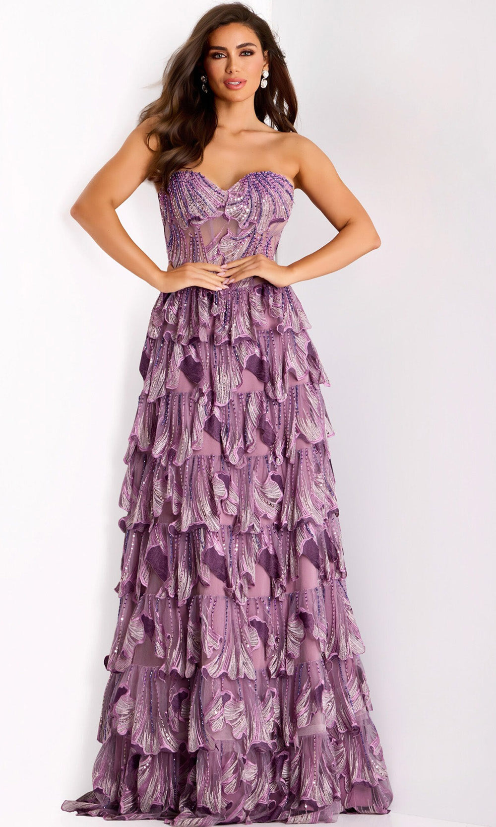 Jovani 42793 - Long Tulle A-line Dress - Beaded, Embroidery, Layered Ruffle Skirt, Strapless, Sheer Corset Bodice, Low Open Back 18 / Purple - Shop Jovani 42793 - Long Tulle A-line Dress - Beaded, Embroidery, Layered Ruffle Skirt, Strapless, Sheer Corset Bodice, Low Open Back 18 / Purple - Shop