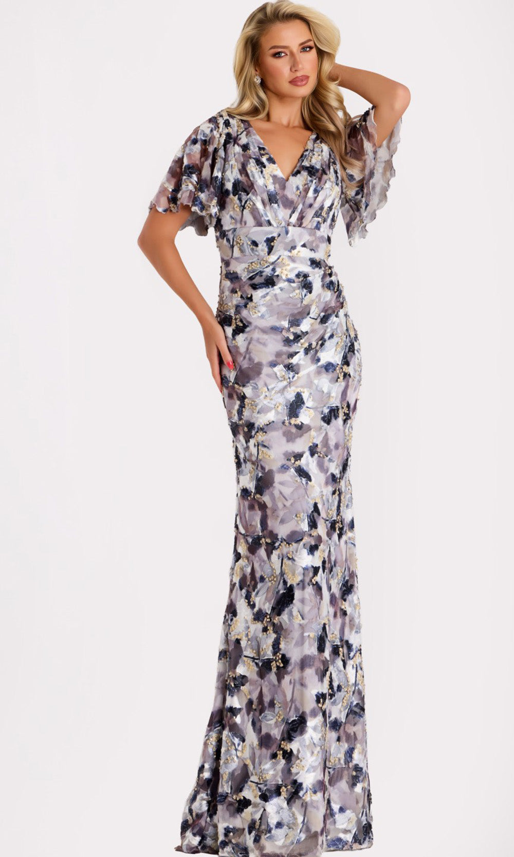 Jovani 43046 Evening Gown - Floral Printed Chiffon Dress Grey Multi / 20 Jovani 43046 Evening Gown - Floral Printed Chiffon Dress Grey Multi / 20