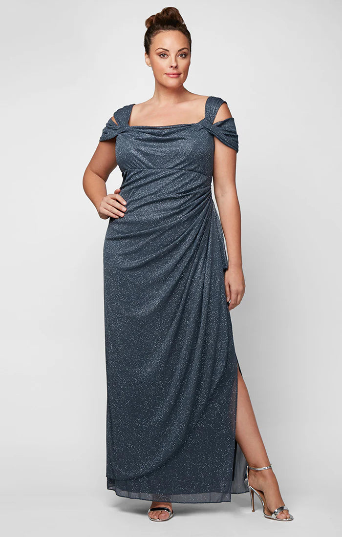 Alex Evenings Women's Plus Cold Shoulder Glitter Mesh Dress, Smoke 16W Alex Evenings Women's Plus Cold Shoulder Glitter Mesh Dress, Smoke 16W