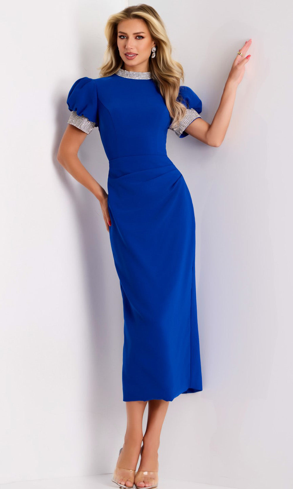 Jovani 43773 - Tea-length Crepe Sheath Dress - Rhinestone Trim, Short Puff Sleeves, Ruched Waist, Back Slit, Fitted Bodice 6 / Royal - Shop Jovani Jovani 43773 - Tea-length Crepe Sheath Dress - Rhinestone Trim, Short Puff Sleeves, Ruched Waist, Back Slit, Fitted Bodice 6 / Royal - Shop Jovani