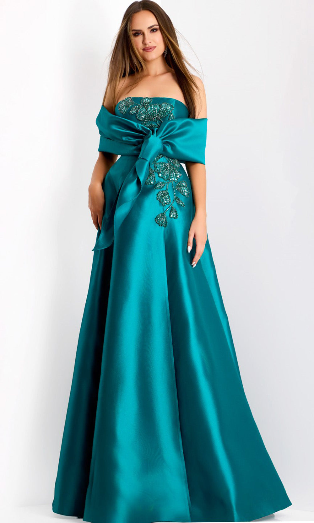 Jovani 44352 - Long Mikado A-line Dress - Strapless, Beaded Floral Applique, Oversized Bow Wrap, Mid-Open Back Couture Candy Jovani 44352 - Long Mikado A-line Dress - Strapless, Beaded Floral Applique, Oversized Bow Wrap, Mid-Open Back Couture Candy