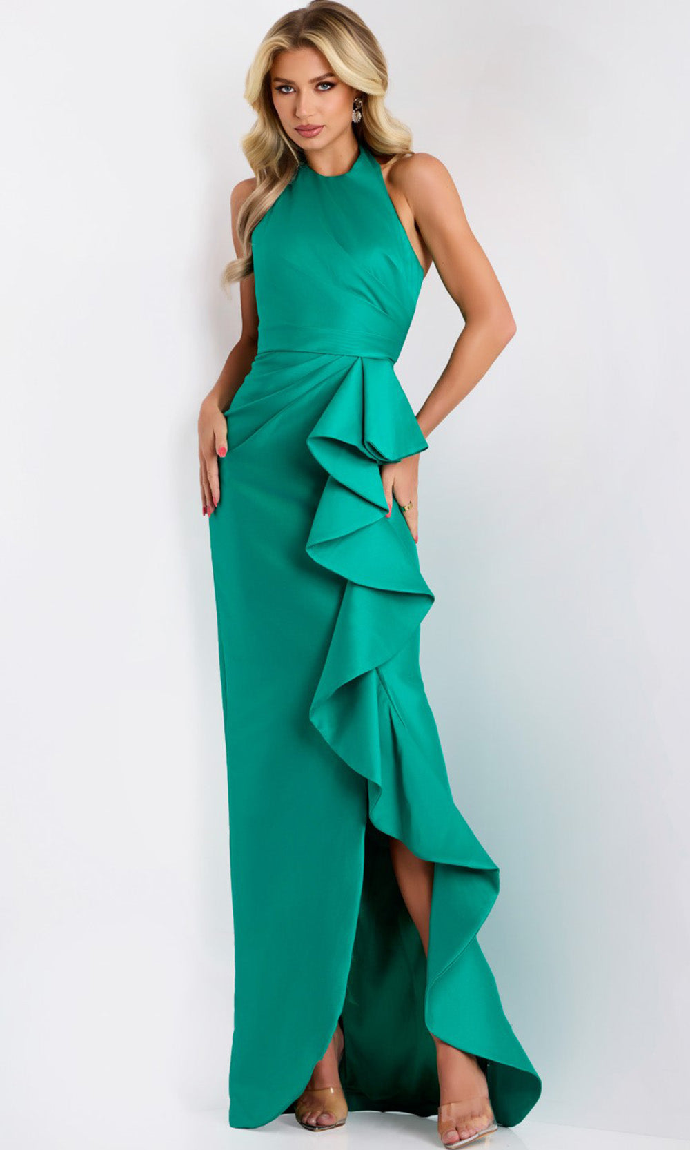 Long Formal Prom Ruffle Dress Jovani 44473 - Emerald / 4 Long Formal Prom Ruffle Dress Jovani 44473 - Emerald / 4