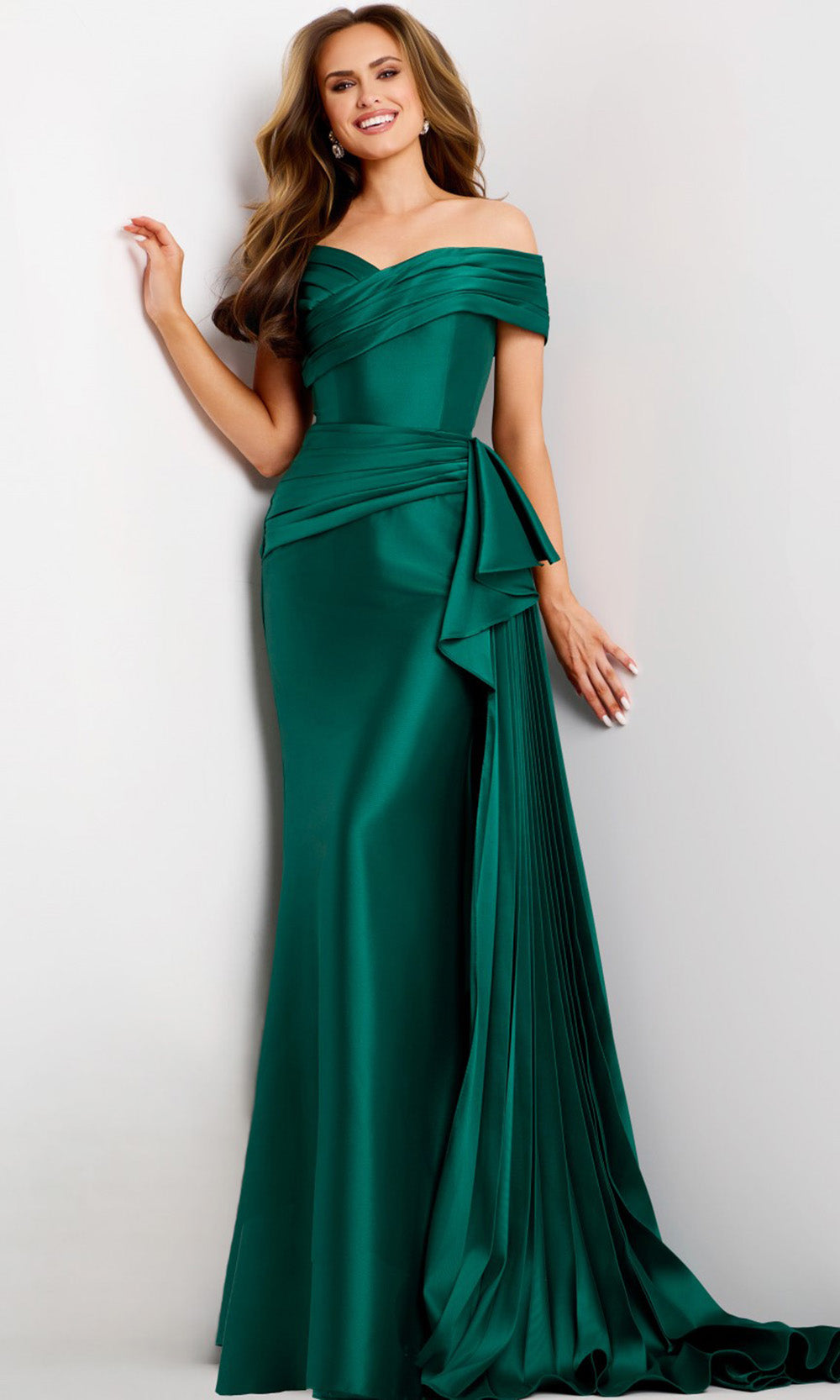 Jovani 44524 - Long Satin Sheath Dress - Short Sleeves, Draped Bodice, Side Pleated Sash, Mid-Open Back, Sweep Train 14 / Emerald - Shop Jovani Jovani 44524 - Long Satin Sheath Dress - Short Sleeves, Draped Bodice, Side Pleated Sash, Mid-Open Back, Sweep Train 14 / Emerald - Shop Jovani