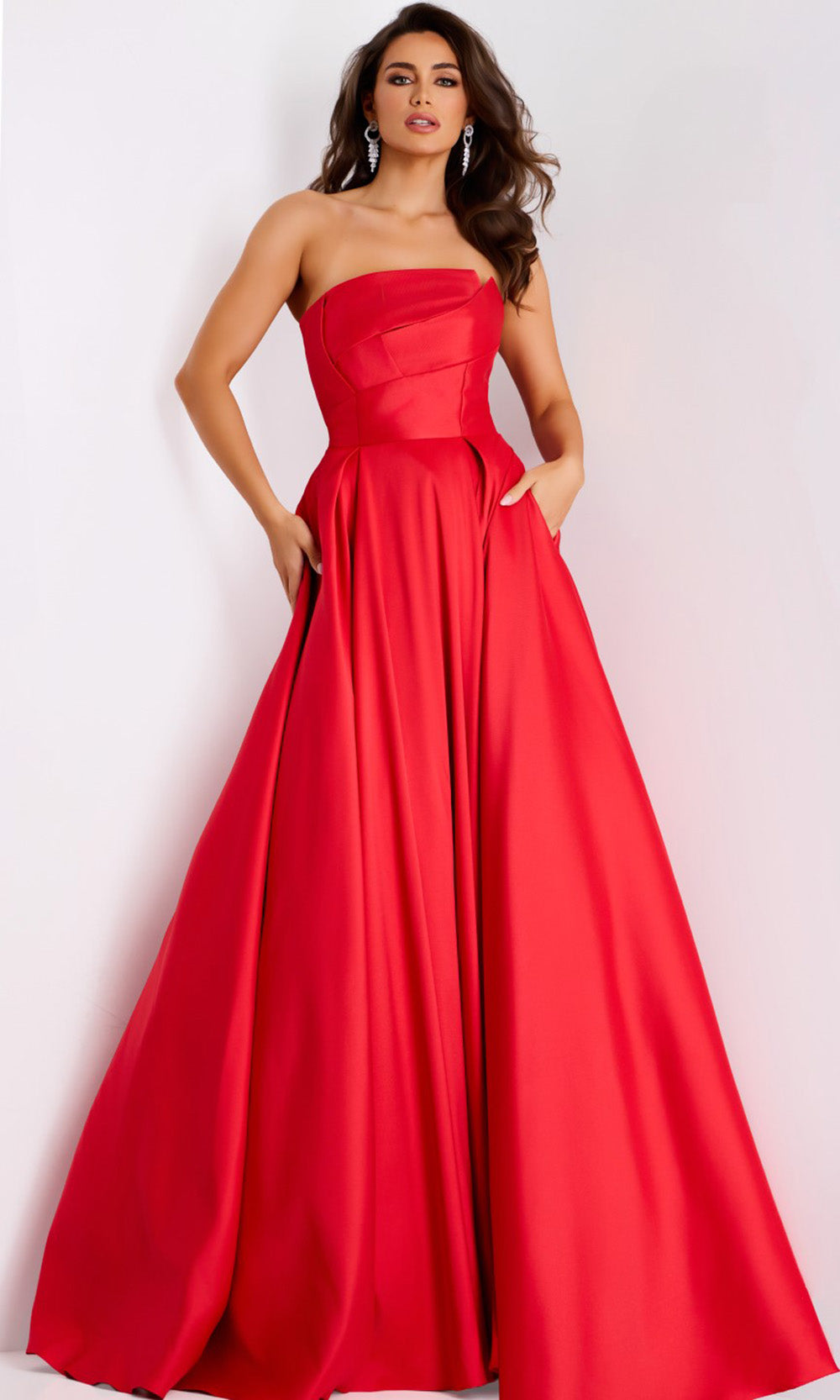 Jovani 44531 - Long Satin Ballgown Dress - Strapless, Pleated Bodice, Structured Seams, Open Back, Invisible Back Zipper 0 / Off-White - Shop Jovani Jovani 44531 - Long Satin Ballgown Dress - Strapless, Pleated Bodice, Structured Seams, Open Back, Invisible Back Zipper 0 / Off-White - Shop Jovani