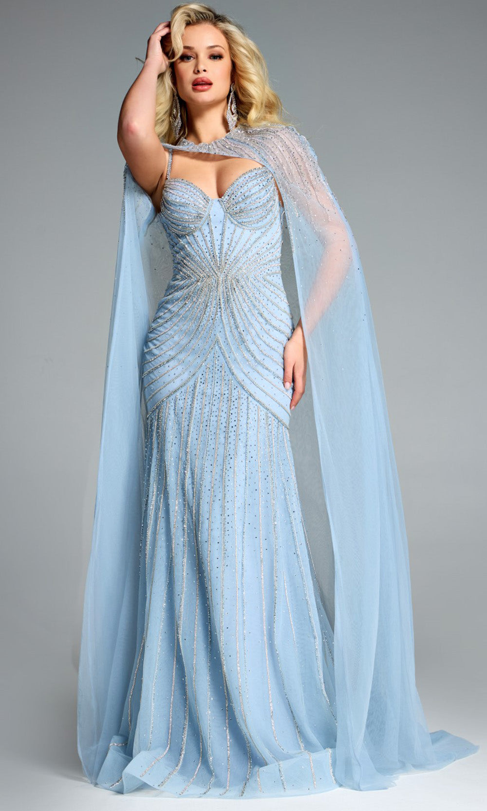 Jovani 44840 - Long Sheath Dress - Spaghetti Straps, Beaded, Long Sheer Cape, Sweep Train 00 / Champagne
