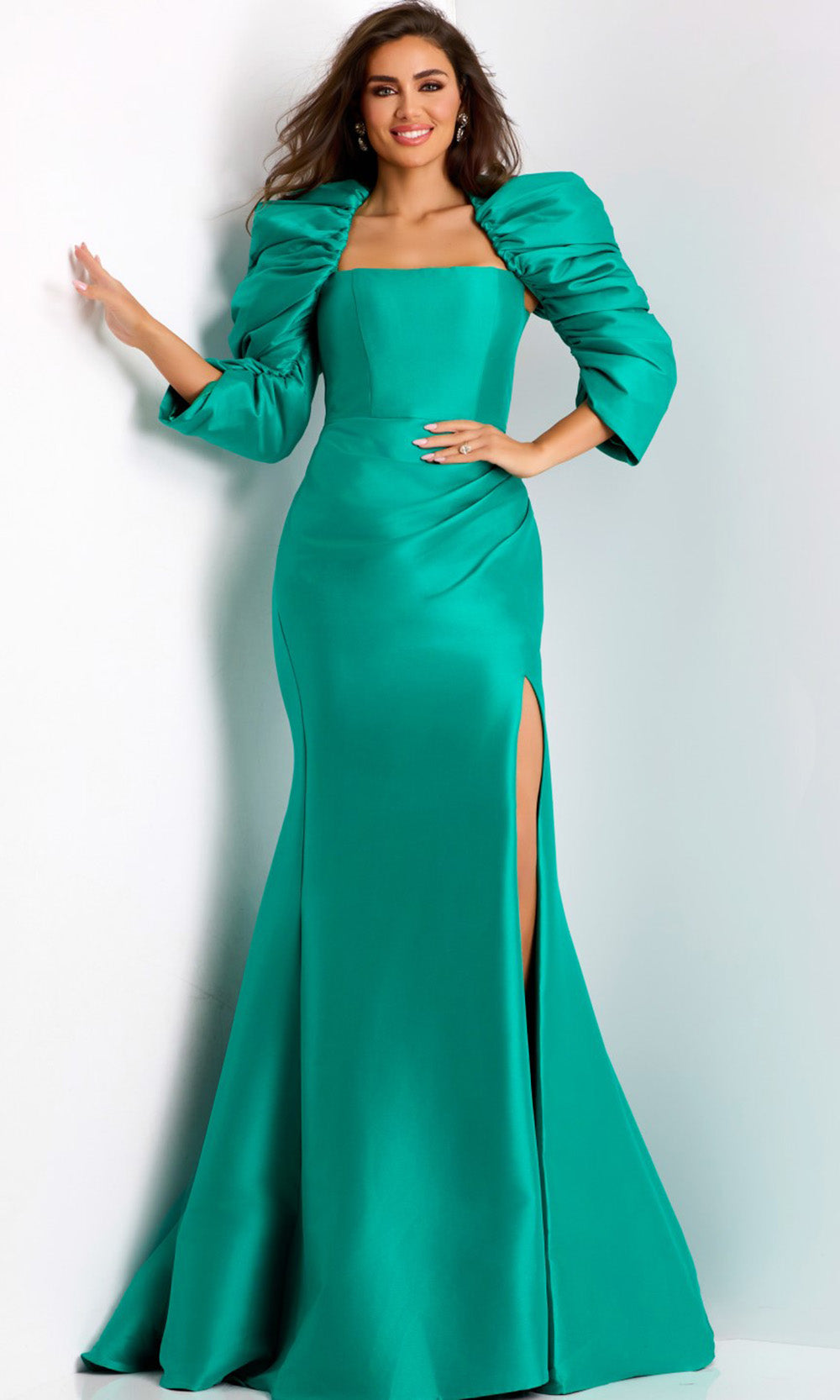 Elegant Satin Mermaid Gown with Puff Sleeves | Jovani 45214 Emerald / 4 Elegant Satin Mermaid Gown with Puff Sleeves | Jovani 45214 Emerald / 4