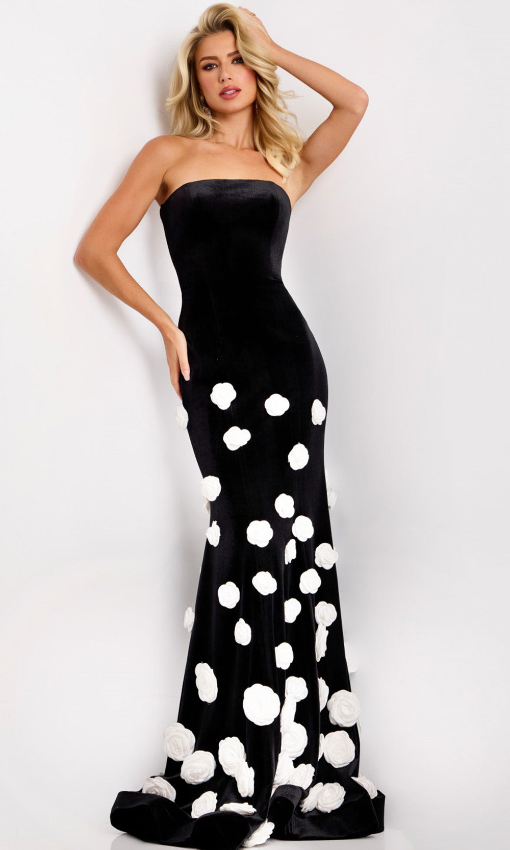 Jovani Black Velvet Gown with Floral Appliques - Prom Dress Black/White / 12 Jovani Black Velvet Gown with Floral Appliques - Prom Dress Black/White / 12