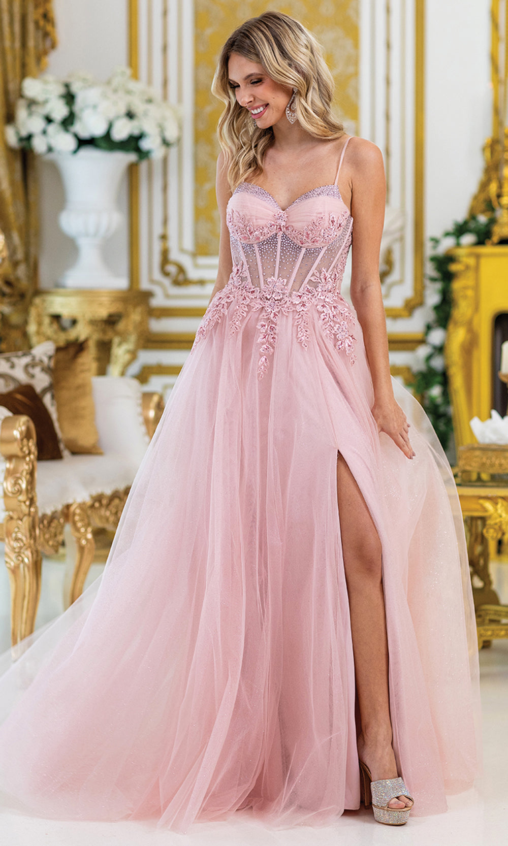 floral beaded corset long dress A-line floral prom dress with beaded corset bodice, lace-up back, slit skirt, and pockets