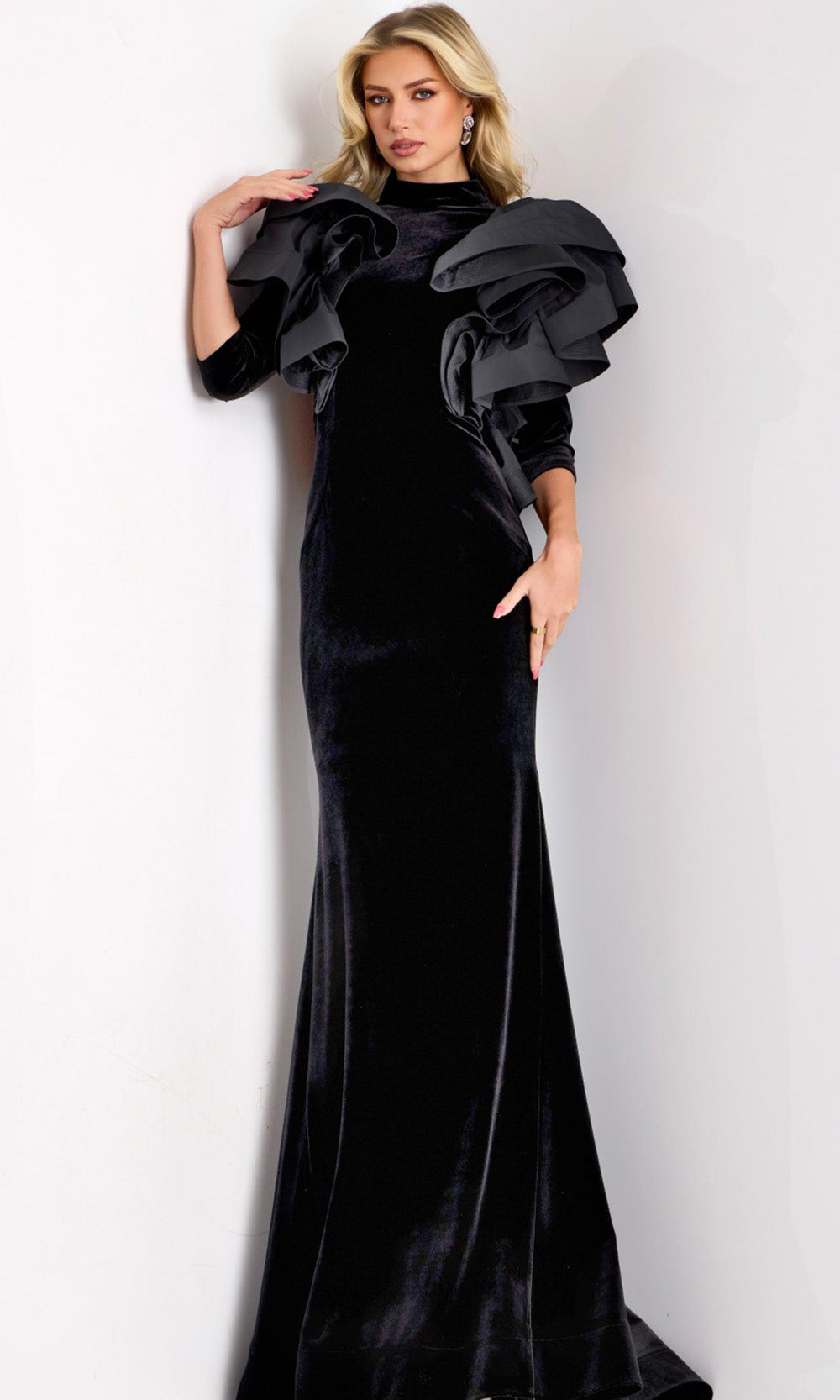 Jovani 45322 - High Neck Ruffled Shoulder Velvet Dress for Special Occasions Black / 12 Jovani 45322 - High Neck Ruffled Shoulder Velvet Dress for Special Occasions Black / 12