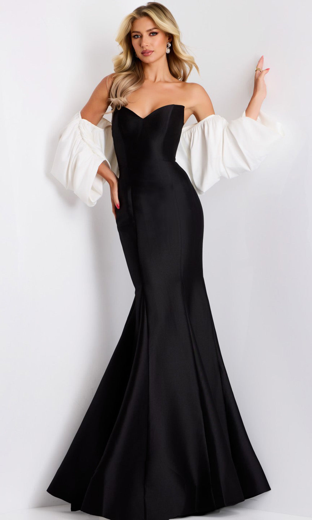 Jovani 45358 - Long Velvet Mermaid Dress - Dramatic Off-Shoulder Sleeves, Open Back, Godets Accent, Sweep Train 0 / White/Black - Shop Jovani dresses Jovani 45358 - Long Velvet Mermaid Dress - Dramatic Off-Shoulder Sleeves, Open Back, Godets Accent, Sweep Train 0 / White/Black - Shop Jovani dresses