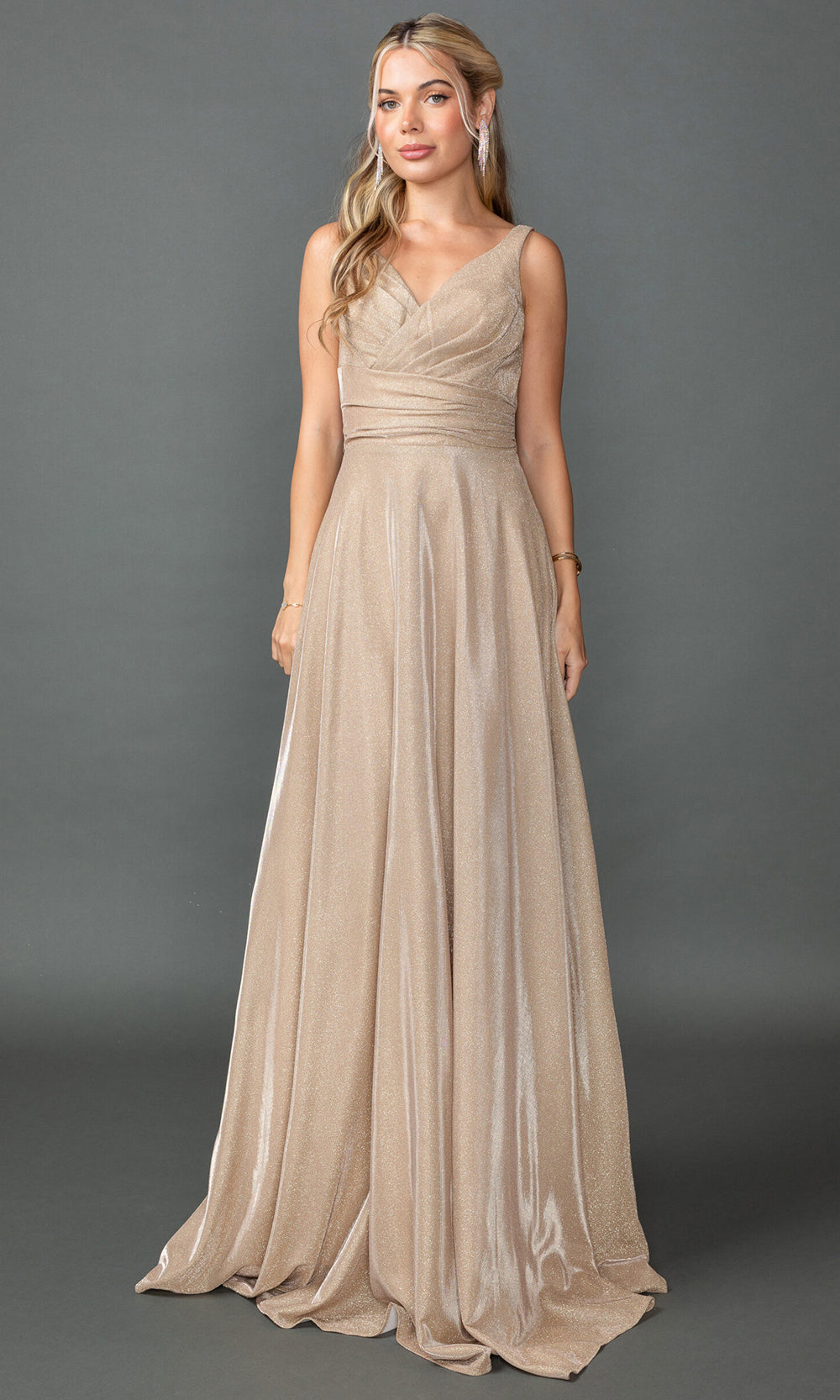 Dancing Queen 4545 - Long A-Line Dress - Sleeveless, Wide Straps, Pleated, V Back, Lace-Up Back, Glitter Fabric Couture Candy Dancing Queen 4545 - Long A-Line Dress - Sleeveless, Wide Straps, Pleated, V Back, Lace-Up Back, Glitter Fabric Couture Candy
