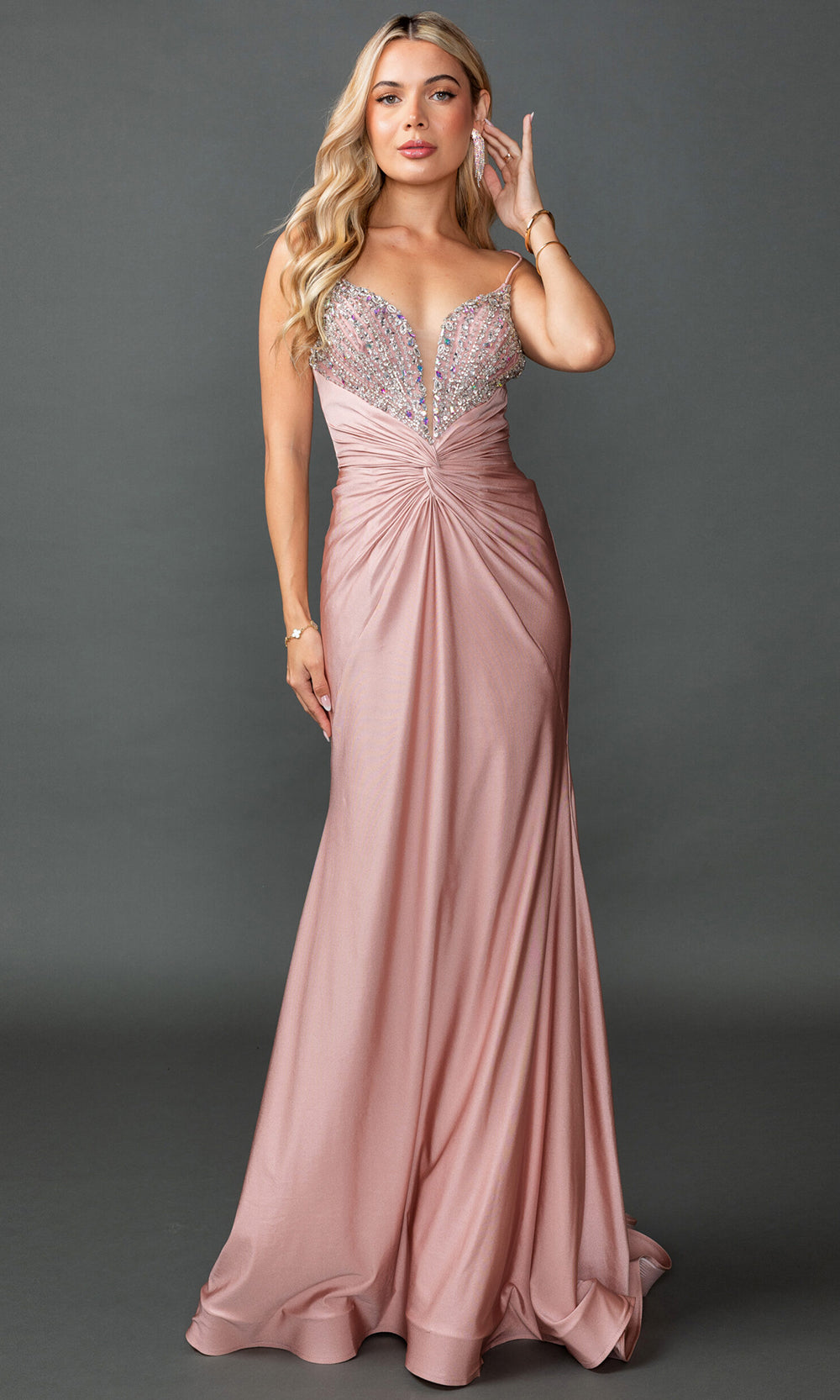 Dancing Queen 4553 - Long A-Line Dress - Sleeveless, Beaded Bodice, Sheer Cut Front Panel, Ruching, Twisted Knot At Midriff, Mid-Open Back, Lace-Up Dancing Queen 4553 - Long A-Line Dress - Sleeveless, Beaded Bodice, Sheer Cut Front Panel, Ruching, Twisted Knot At Midriff, Mid-Open Back, Lace-Up