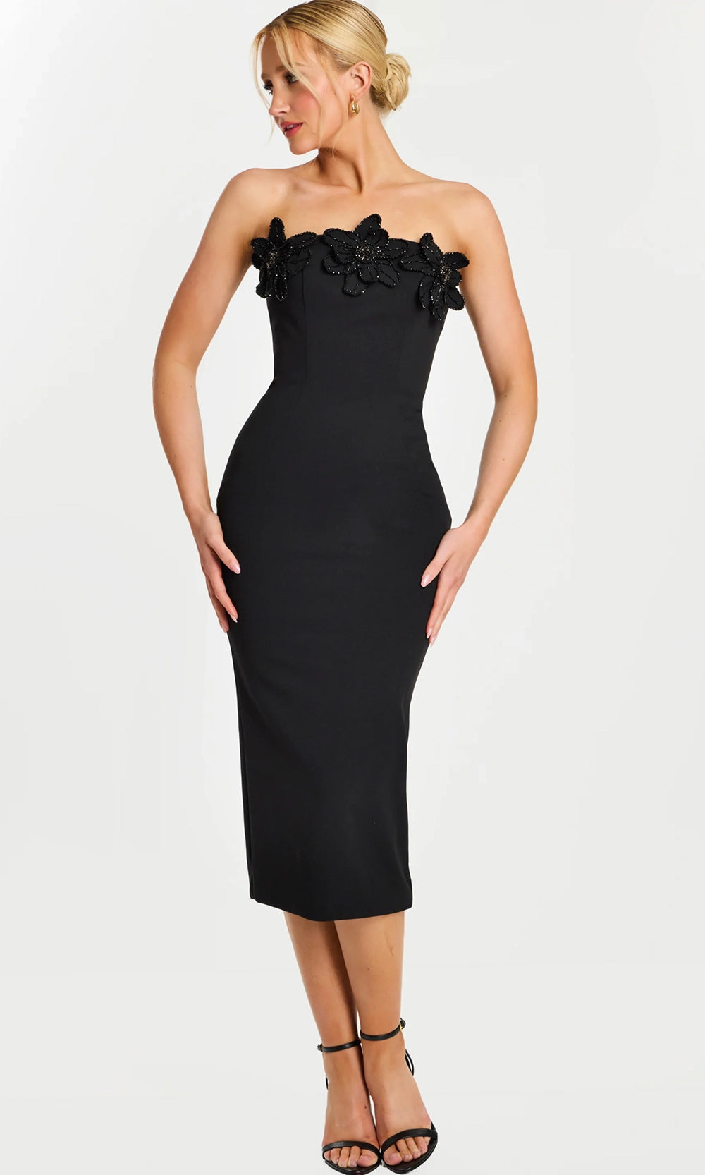 midi scuba sheath dress Natalia Scuba Crepe Off The Shoulder Ruffle Neck Midi Dress