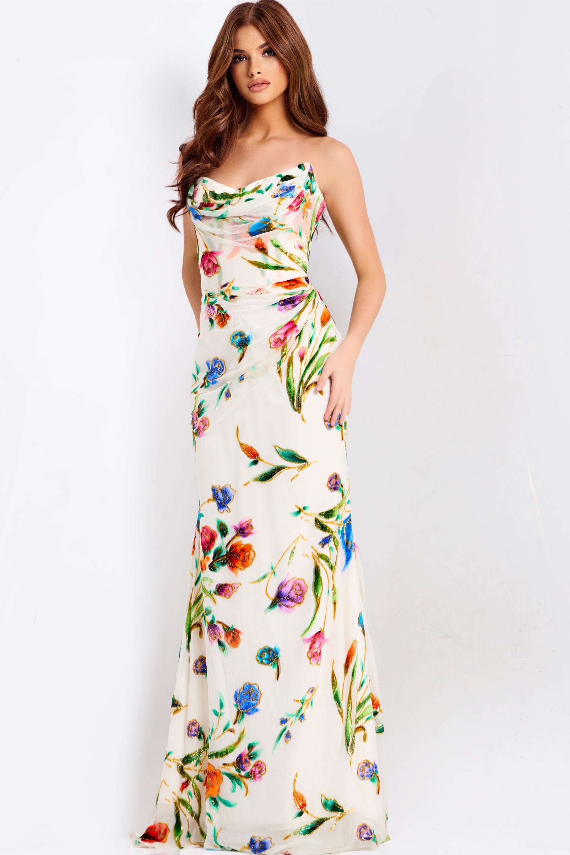 Jovani 47626 - Long Printed Satin Sheath Dress - Ruched Bodice, Floral Print, Strapless, Mid-Open Back, Floor-Length Hem 14 / Ivory/Multi Jovani 47626 - Long Printed Satin Sheath Dress - Ruched Bodice, Floral Print, Strapless, Mid-Open Back, Floor-Length Hem 14 / Ivory/Multi