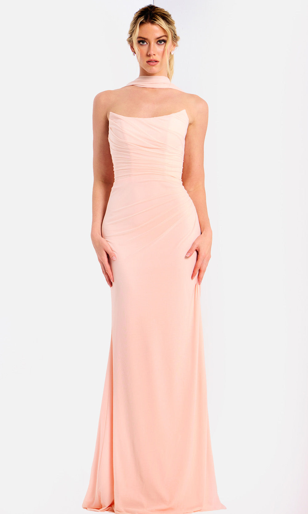 Jovani 47874 - Long Chiffon Sheath Dress - Strapless, Ruched Detailing, Mid-Open Back, Fitted, Matching Scarf 12 / Blush - Shop Jovani Dresses On Jovani 47874 - Long Chiffon Sheath Dress - Strapless, Ruched Detailing, Mid-Open Back, Fitted, Matching Scarf 12 / Blush - Shop Jovani Dresses On