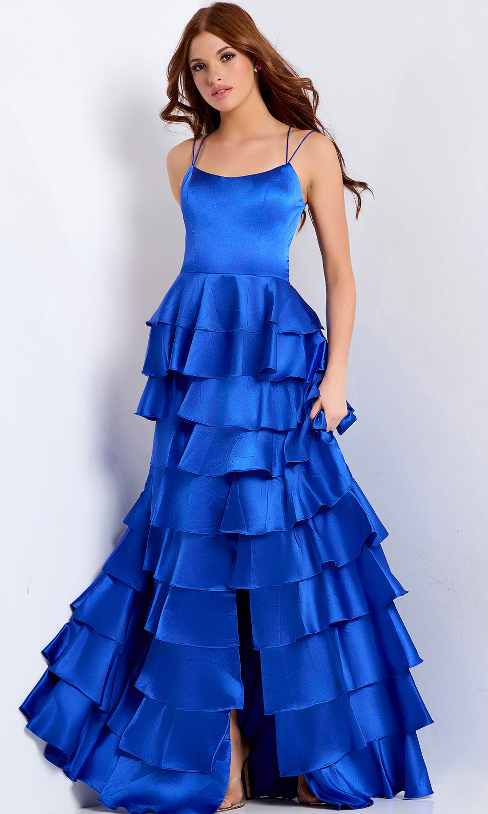 Jovani 48295 - Long Satin A-Line Dress - Double Spaghetti Straps, Front Slit, Tiered Ruffle Skirt, Open Lace-Up Back 0 / Orange - Shop Jovani Dresses Jovani 48295 - Long Satin A-Line Dress - Double Spaghetti Straps, Front Slit, Tiered Ruffle Skirt, Open Lace-Up Back 0 / Orange - Shop Jovani Dresses