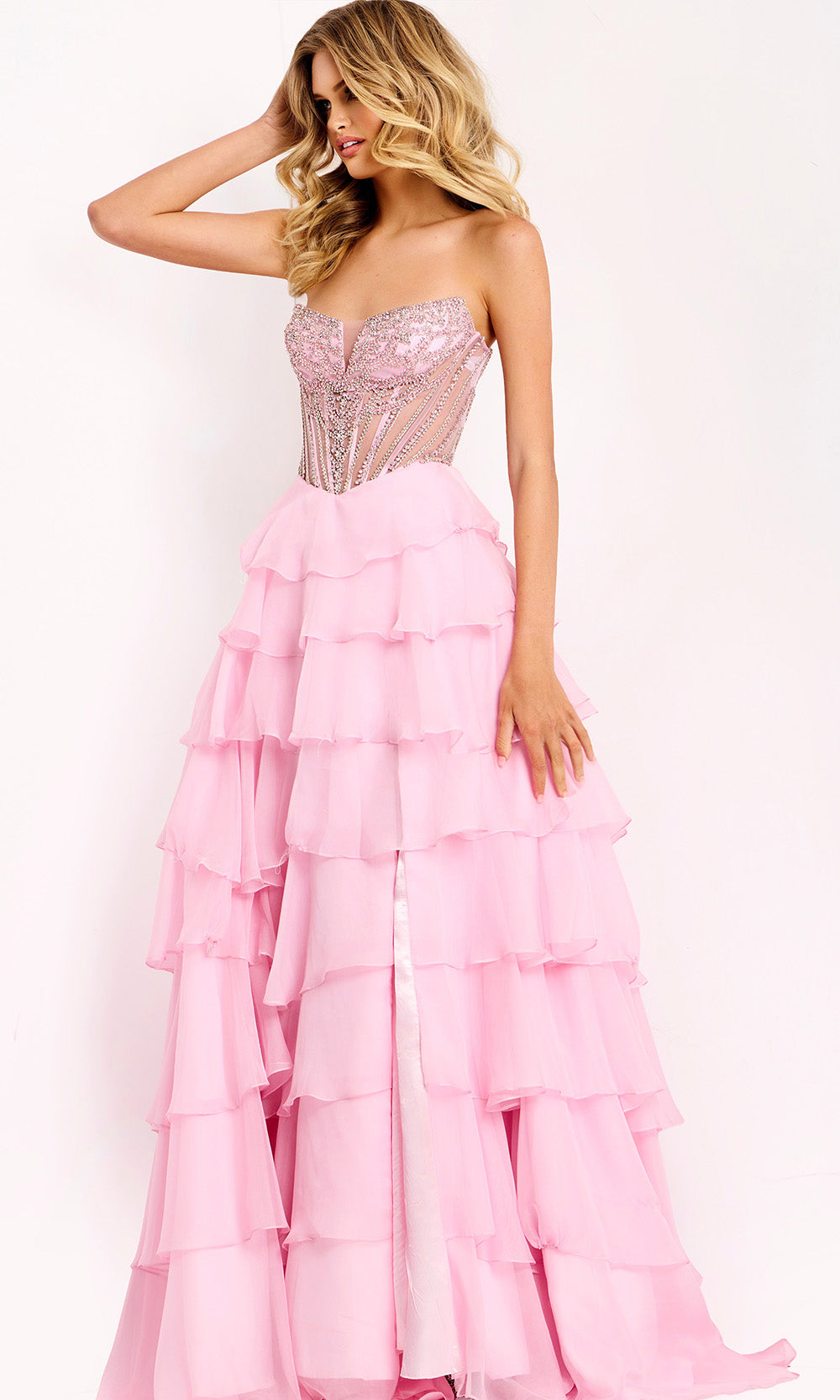 Jovani 49109 Beaded Long Formal Ruffle Prom Dress - LIGHT-PINK / 2 Jovani 49109 Beaded Long Formal Ruffle Prom Dress - LIGHT-PINK / 2