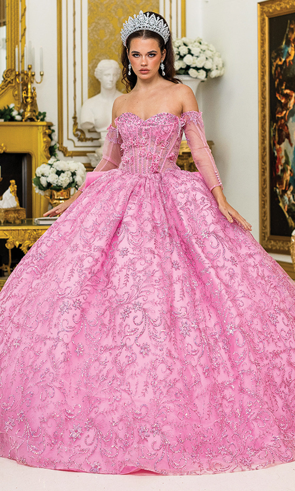 Dancing Queen 5004 - Long Embroidered Lace, Glitter Tulle Ballgown Dress - Strapless, Corset Structured Bodice, Visible Boning, 3D Floral Appliques, Dancing Queen 5004 - Long Embroidered Lace, Glitter Tulle Ballgown Dress - Strapless, Corset Structured Bodice, Visible Boning, 3D Floral Appliques,