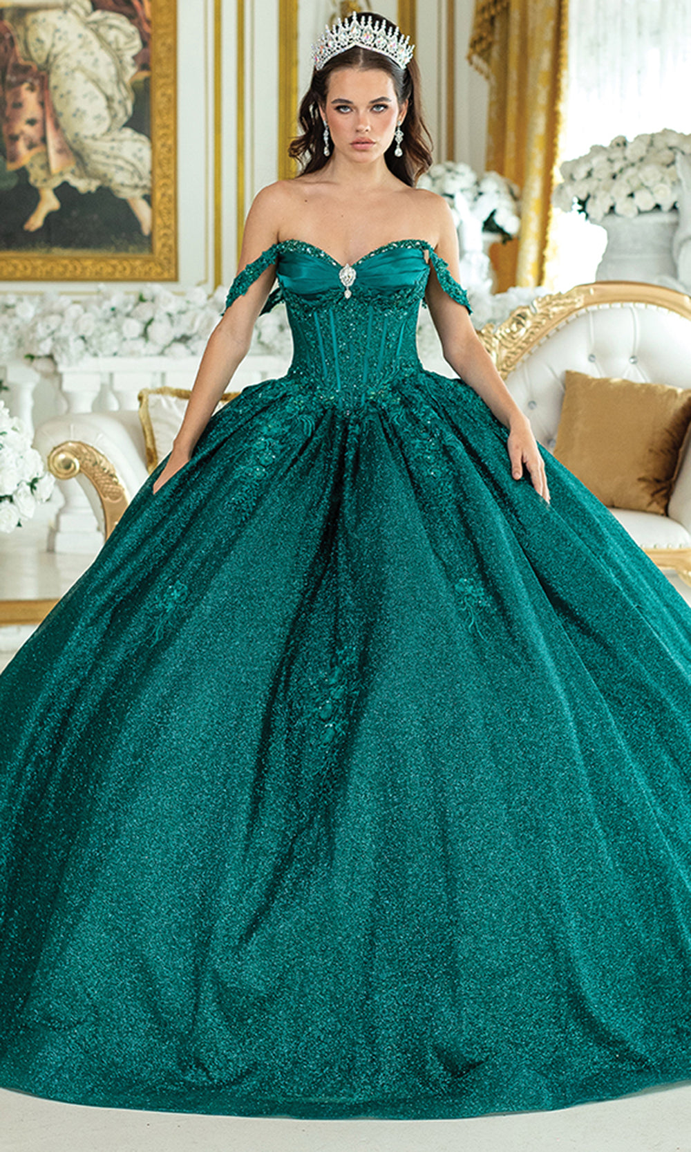Dancing Queen 5035 - Long Ballgown Dress - Drape Sleeves, Corset Structured Bodice, Visible Boning, Beaded, Pleated Bustier, V Back, Lace Up Back, Bow Accent, Sweep Train Couture Candy Dancing Queen 5035 - Long Ballgown Dress - Drape Sleeves, Corset Structured Bodice, Visible Boning, Beaded, Pleated Bustier, V Back, Lace Up Back, Bow Accent, Sweep Train Couture Candy