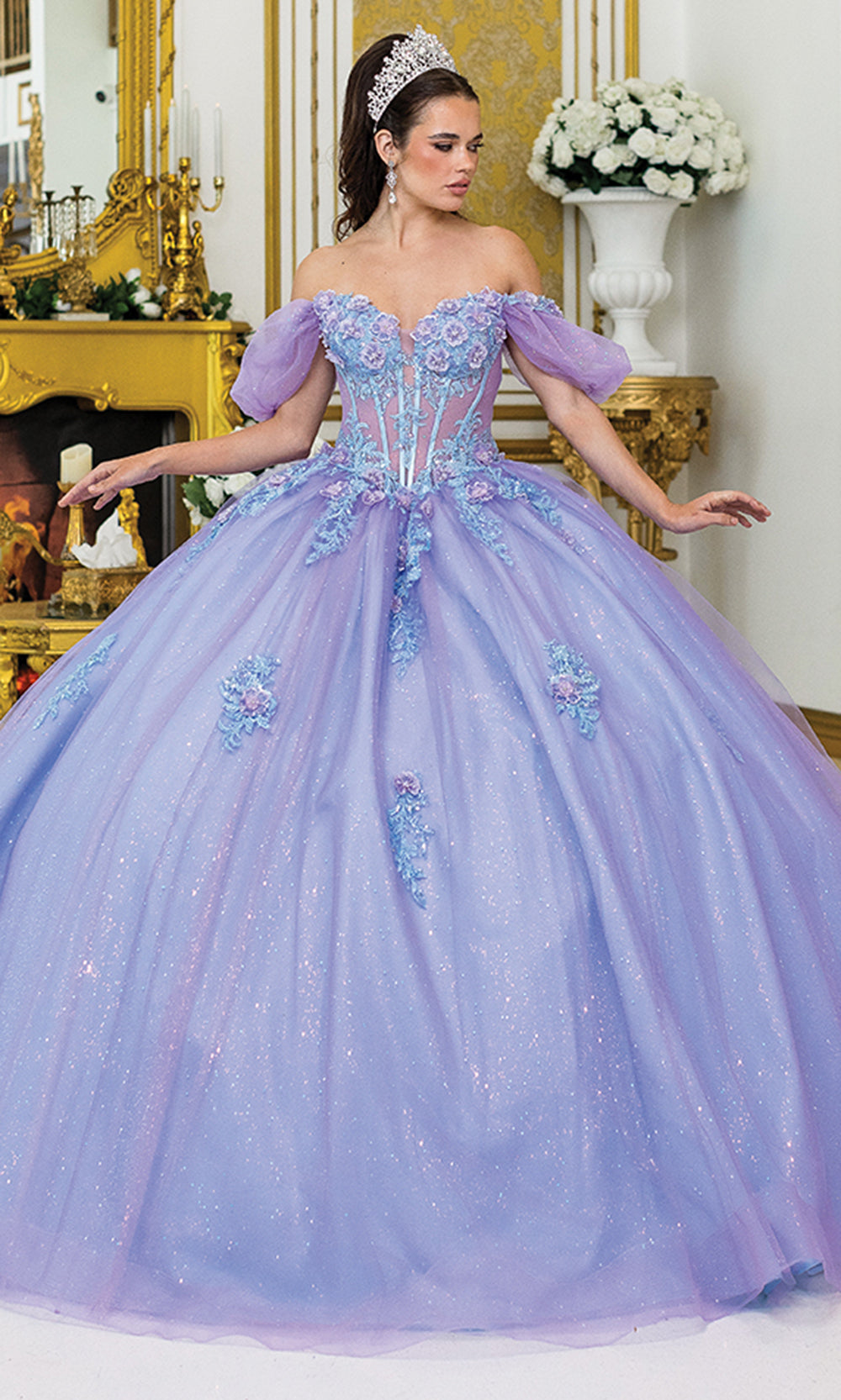 Dancing Queen 5039 - Long Glitter Tulle, 3D Floral Appliques Ballgown Dress - Puff Drape Sleeves, Corset Structured Bodice, Visible Boning, 3D Floral Dancing Queen 5039 - Long Glitter Tulle, 3D Floral Appliques Ballgown Dress - Puff Drape Sleeves, Corset Structured Bodice, Visible Boning, 3D Floral