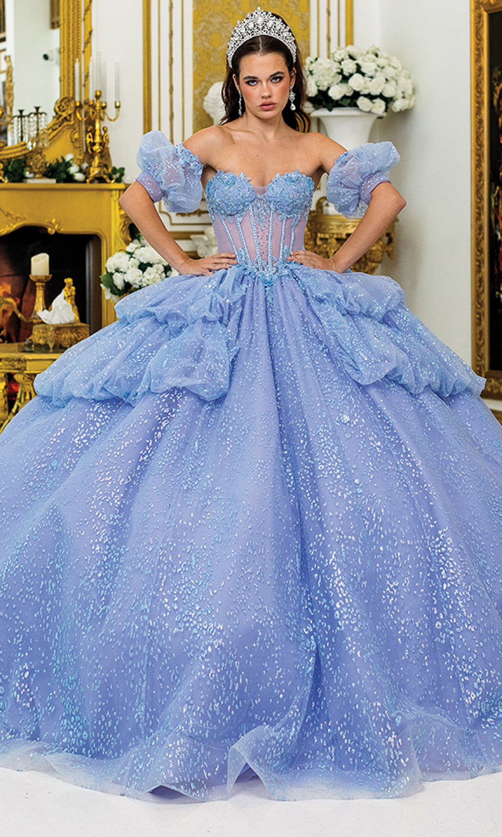 Dancing Queen 5050 - Long Glitter Tulle Ballgown Dress - Detachable Puffy Sleeves, Corset Structured Bodice, Visible Boning, Molded Bust, Floral Dancing Queen 5050 - Long Glitter Tulle Ballgown Dress - Detachable Puffy Sleeves, Corset Structured Bodice, Visible Boning, Molded Bust, Floral