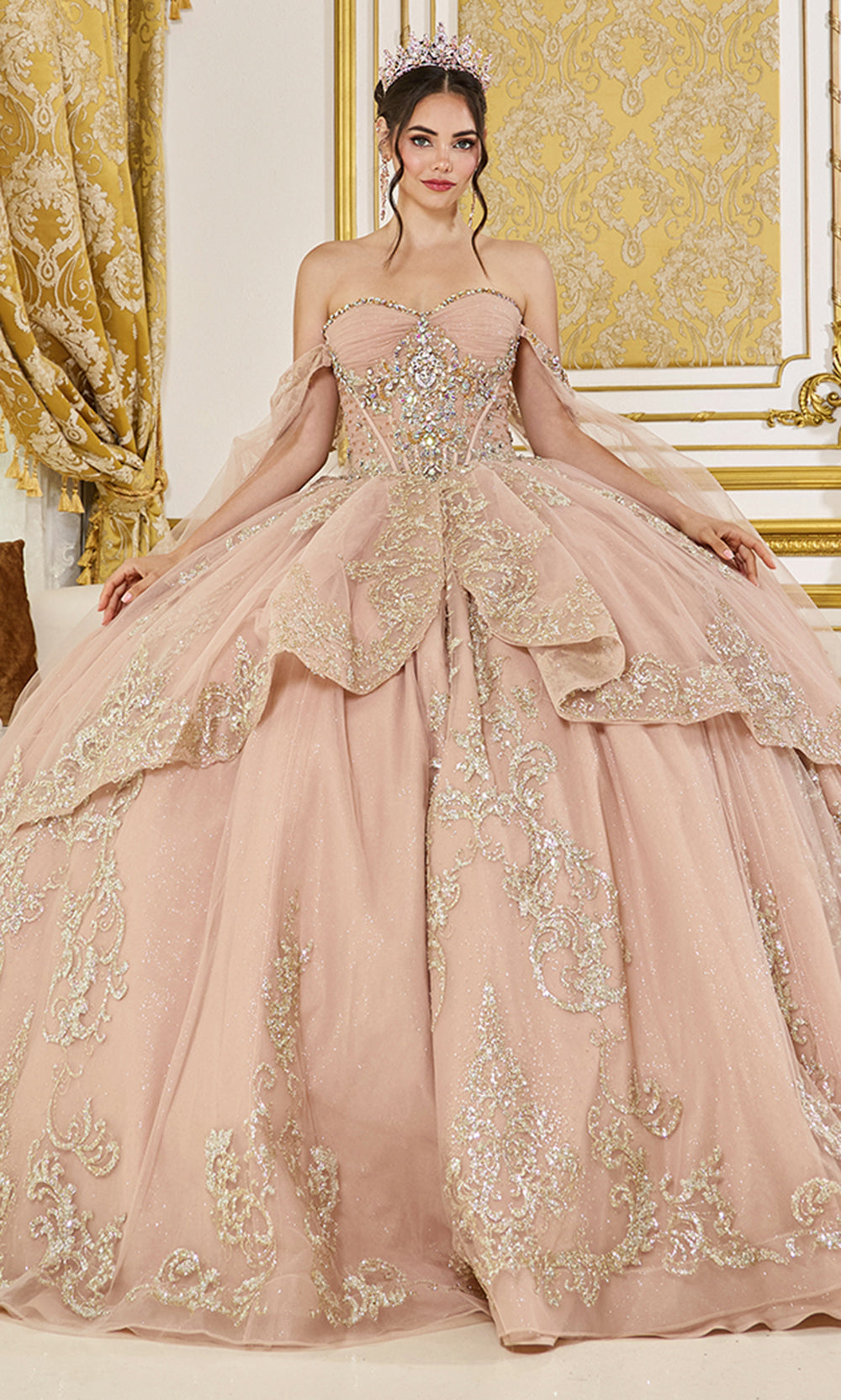 Dancing Queen 5069 - Long Glitter Tulle, Metallic Embroidery Ballgown Dress - Corset Structured Bodice, Visible Boning, Sheer Cape Sleeves, Beaded, Dancing Queen 5069 - Long Glitter Tulle, Metallic Embroidery Ballgown Dress - Corset Structured Bodice, Visible Boning, Sheer Cape Sleeves, Beaded,