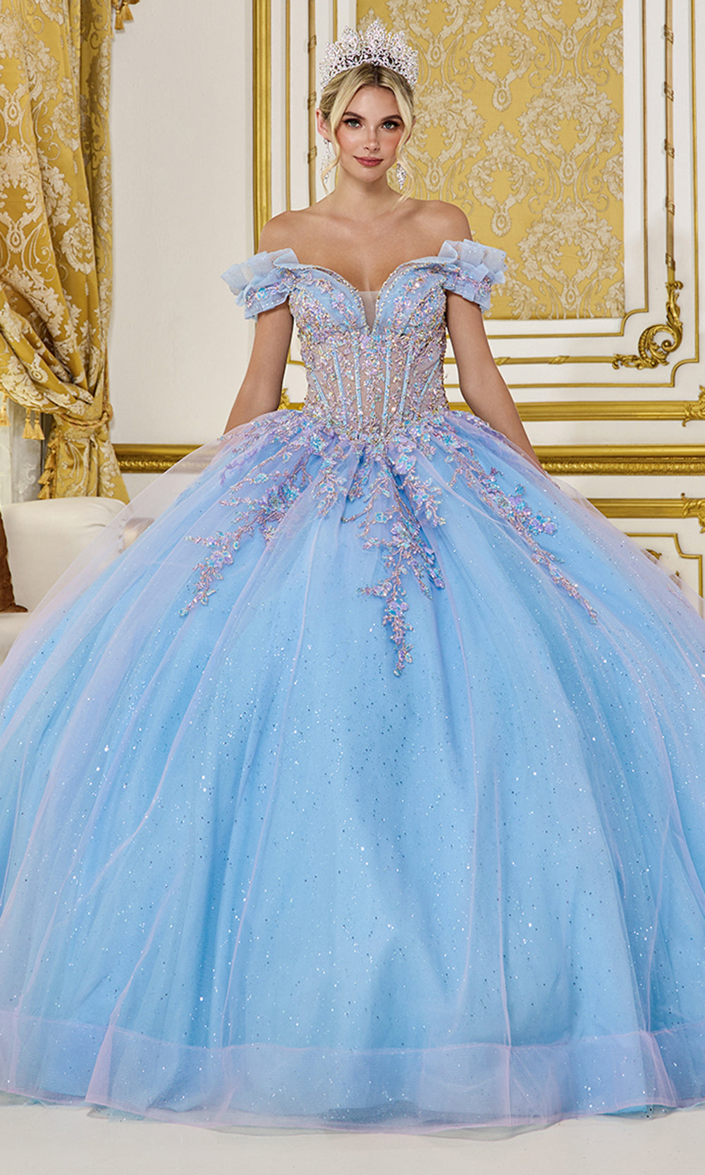 Dancing Queen 5084 - Long Glitter Tulle, Embroidered Appliqus Ballgown Dress - Ruffled Sleeves, Corset Structured Bodice, Visible Boning, Molded Bustier, Beaded, Embroidered Appliques, Mid Open Back, Lace Up Back, Sweep Train, Dancing Queen 5084 - Long Glitter Tulle, Embroidered Appliqus Ballgown Dress - Ruffled Sleeves, Corset Structured Bodice, Visible Boning, Molded Bustier, Beaded, Embroidered Appliques, Mid Open Back, Lace Up Back, Sweep Train,