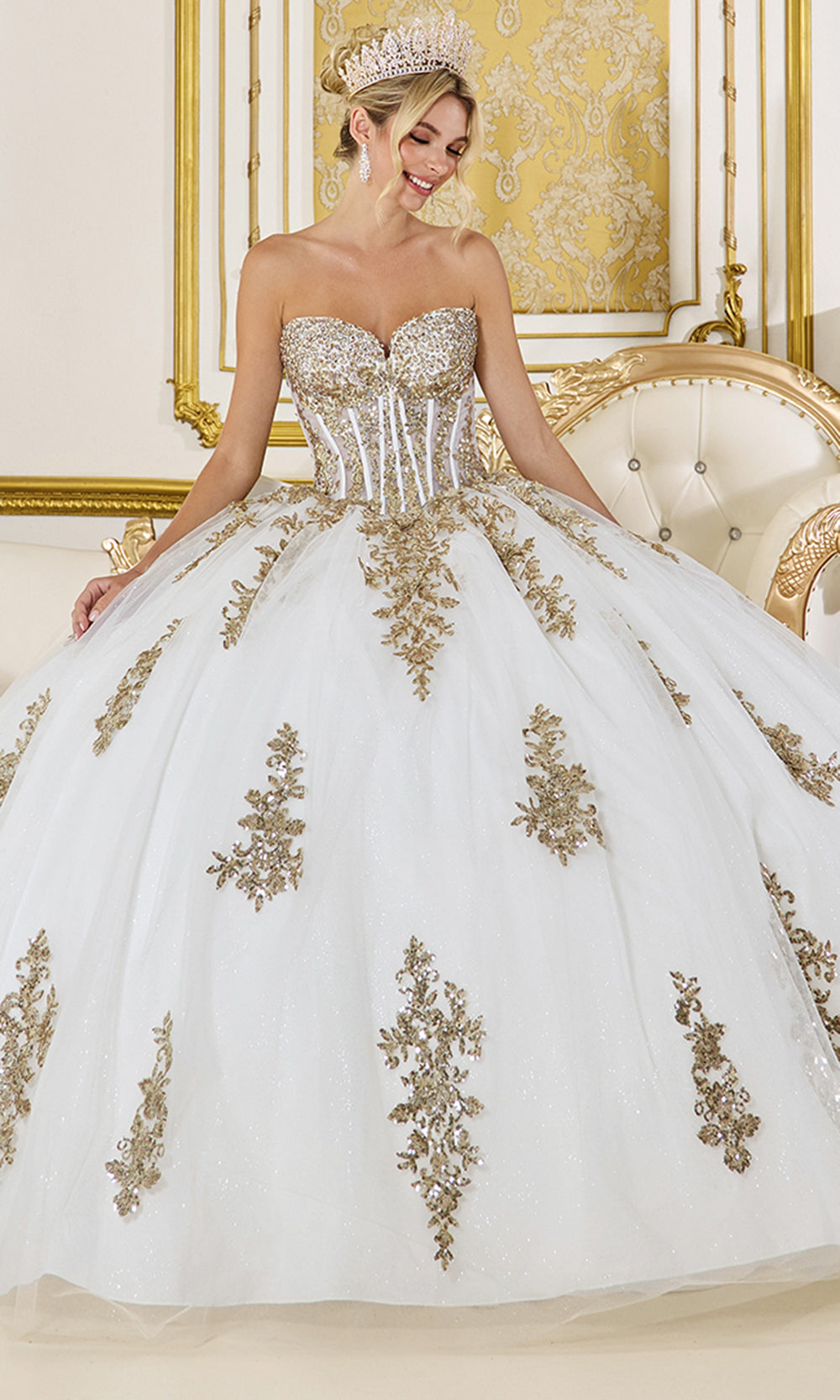 princess white and gold wedding dress Princess Wedding Dress Glitter Lace Applique Sleeveless White Ball Bridal Gown