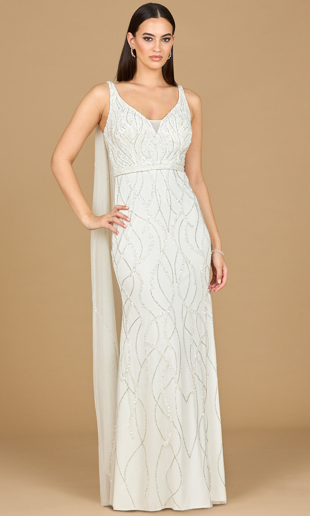 Lara Dresses 51214 - Long Beaded tulle on stretch jersey lining Sheath Dress - Flowing Cape Details, Sleeveless, Beaded Bodice, Thin Belt, Full-Length Hem, Hidden Back Zipper Closure Couture Candy Lara Dresses 51214 - Long Beaded tulle on stretch jersey lining Sheath Dress - Flowing Cape Details, Sleeveless, Beaded Bodice, Thin Belt, Full-Length Hem, Hidden Back Zipper Closure Couture Candy