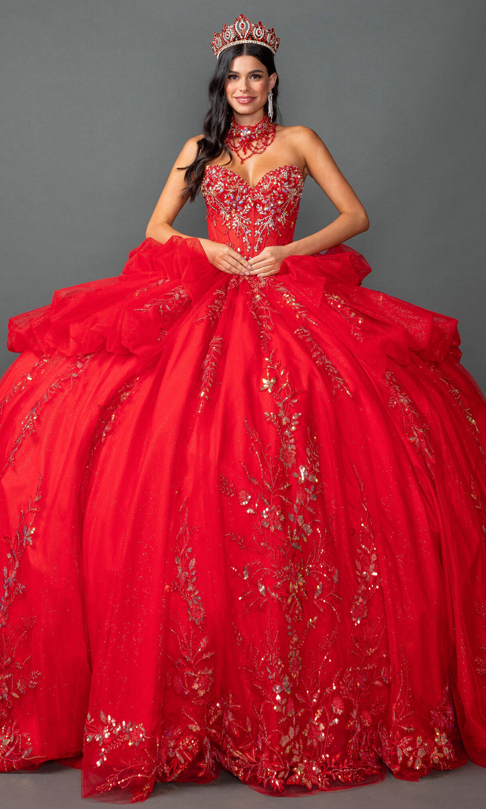 Dancing Queen 5159 - Long Ballgown Dress - Beaded Embroidery, Strapless, Matching Choker, Layered Ruffle Skirt, Lace-Up Back, Dramatic Back Bow, Dancing Queen 5159 - Long Ballgown Dress - Beaded Embroidery, Strapless, Matching Choker, Layered Ruffle Skirt, Lace-Up Back, Dramatic Back Bow,