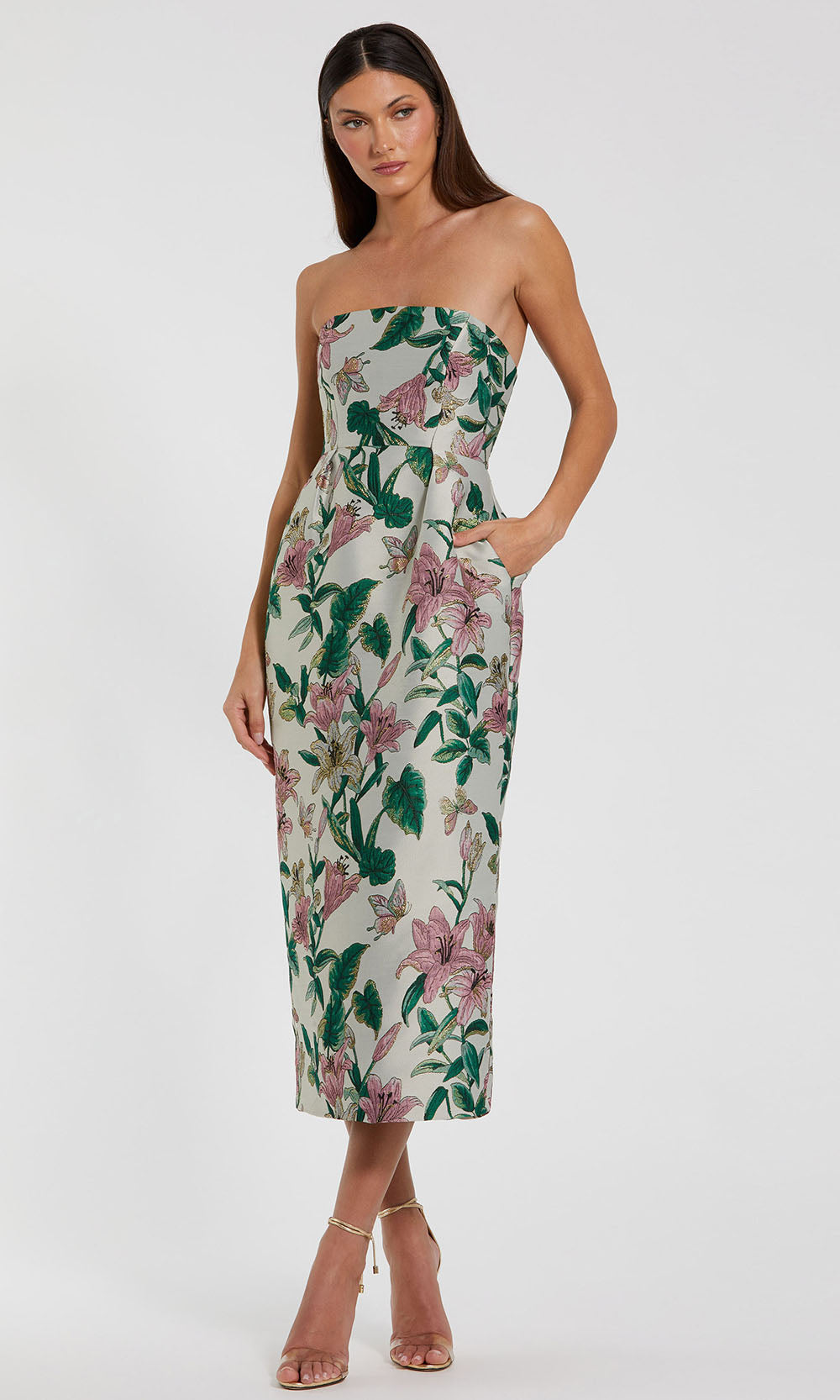 midi brocade dress Light Pink Floral Bow Strap With its tiered silhouette and flattering neckline Women's Carnation A-line V-Neck Brocade