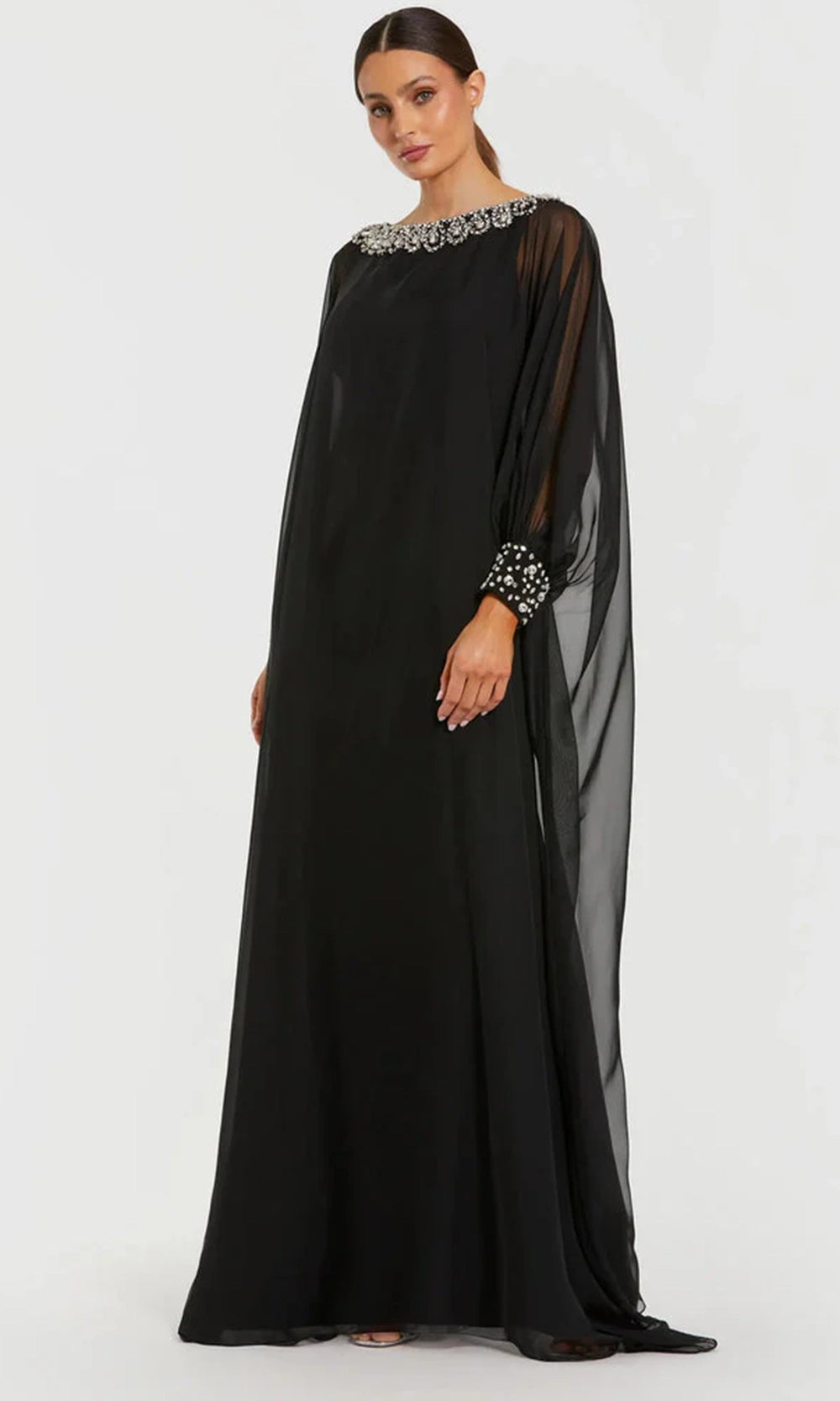 Mac Duggal Women's Chiffon Long Sleeve Kaftan Gown with Beaded Neck - Black