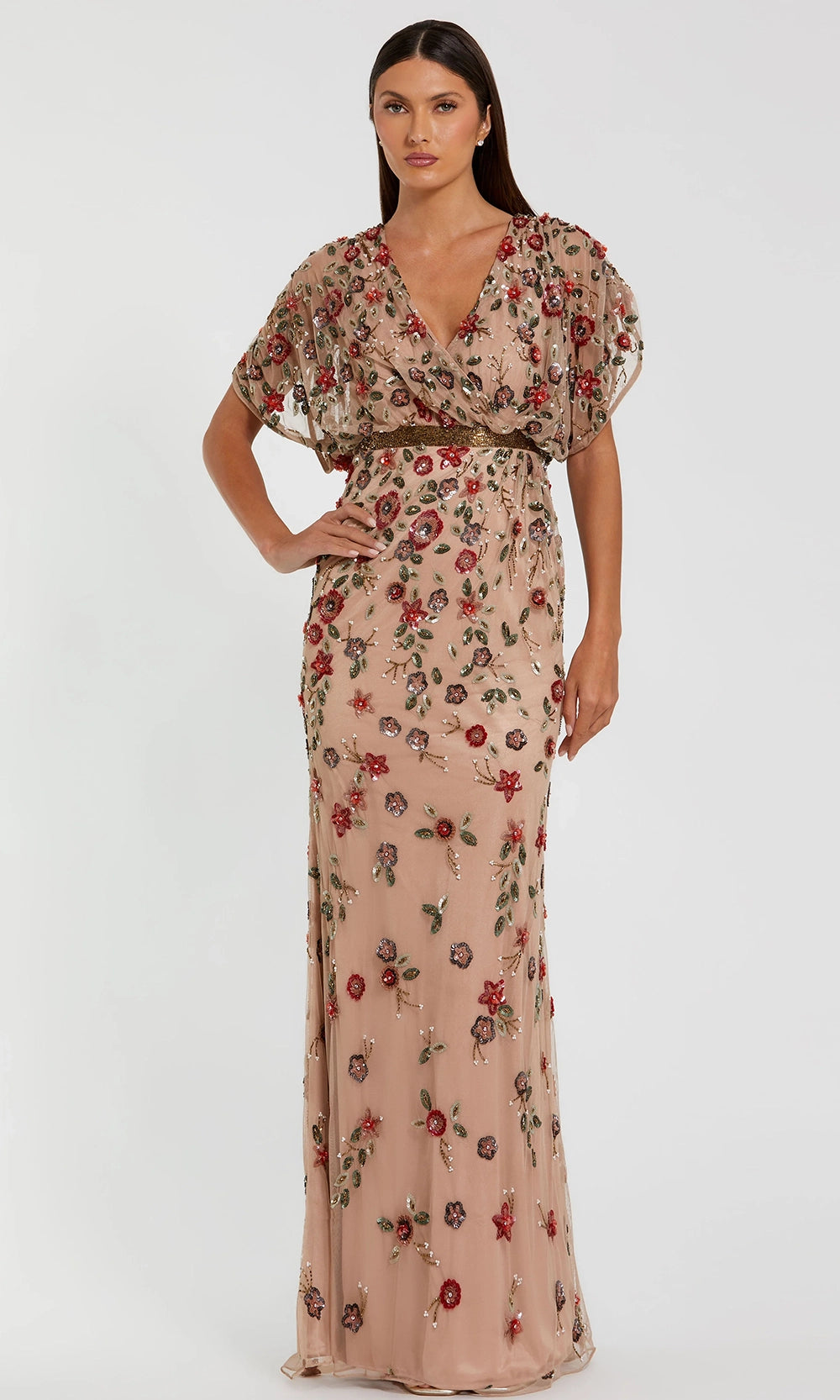 Mac Duggal Women's Floral Embellished Short Sleeve Blouson Gown - Pink - Size 16