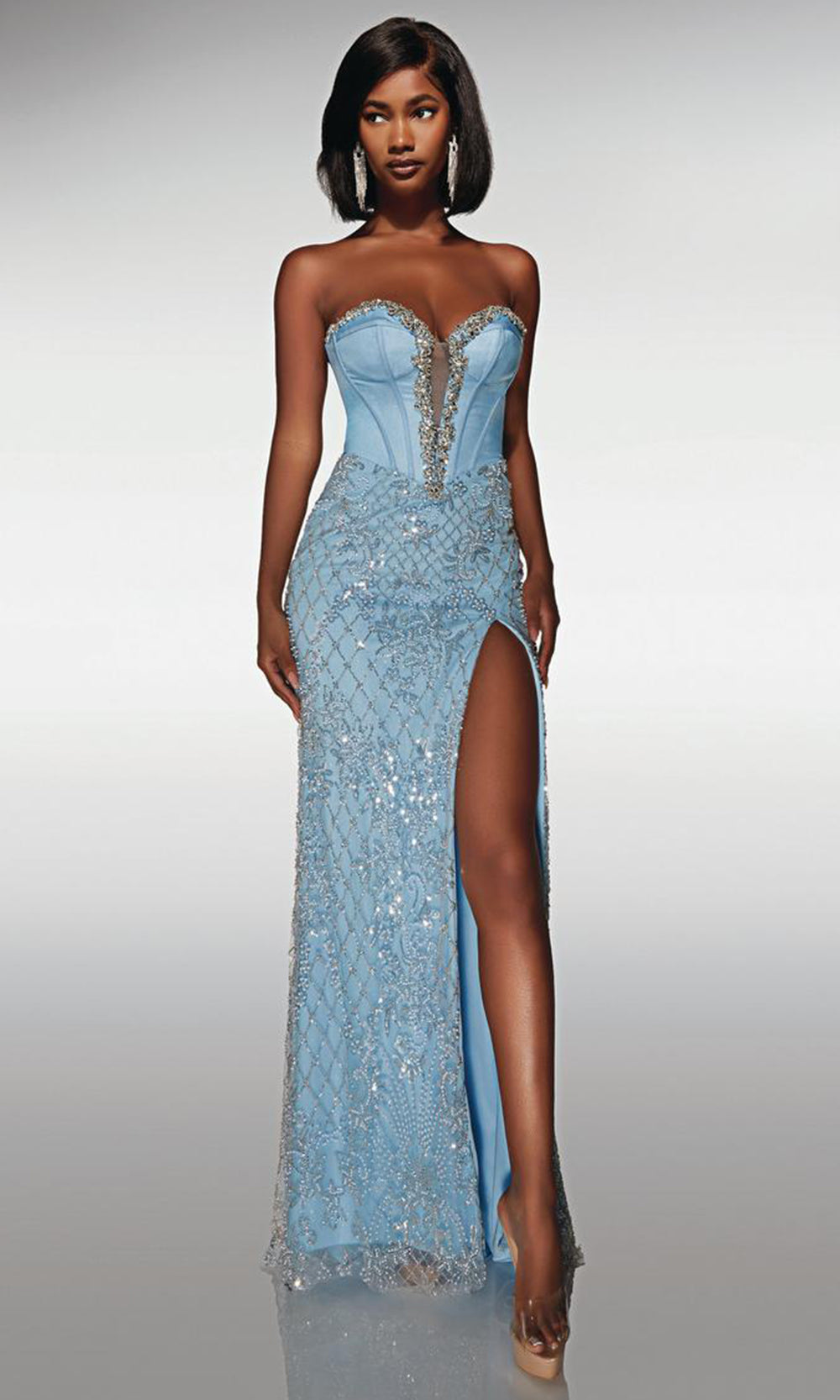 white christmas dresses Misty Blue Embellished Sheer Corset Gown with Thigh main image 0