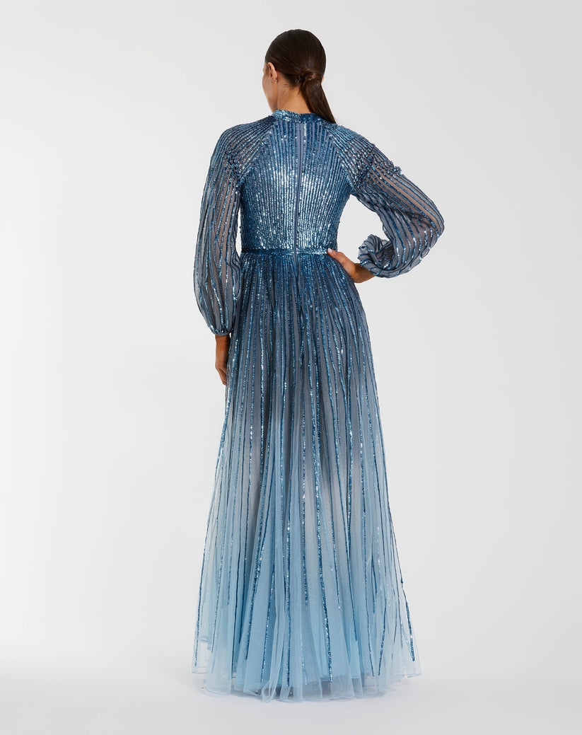long sleeve slate blue dress Mac Duggal Women's Embellished Mesh Long Sleeve Ruffle hem Gown - Blue - Size 14