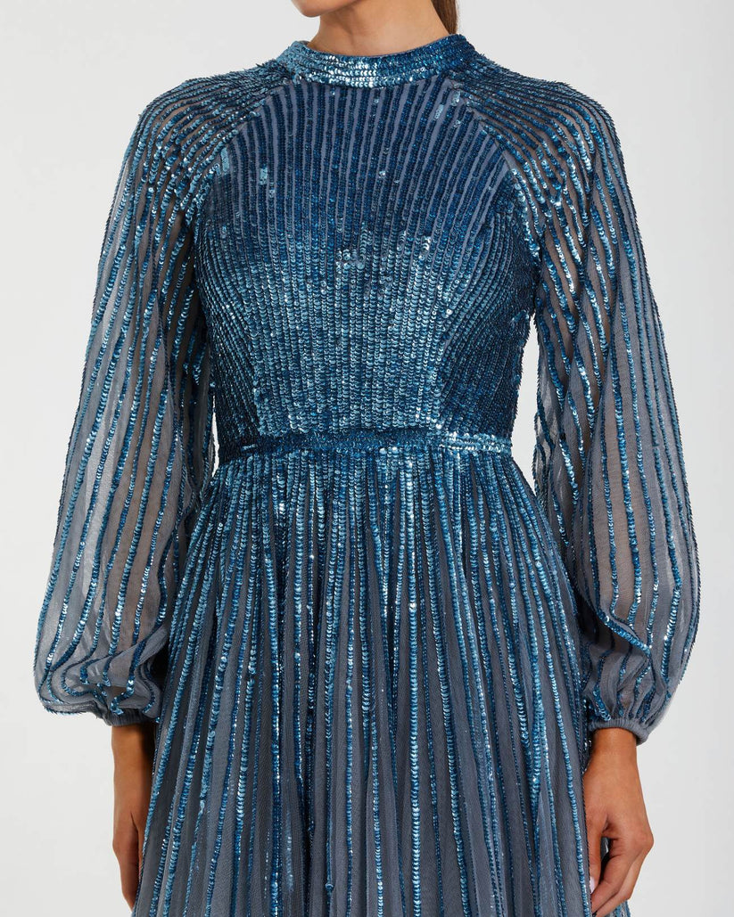 mac duggal sequin tiered long sleeve tulle dress Women's MAC Duggal Long Sleeve Sequin & Bead Stripe Gown, Size 6