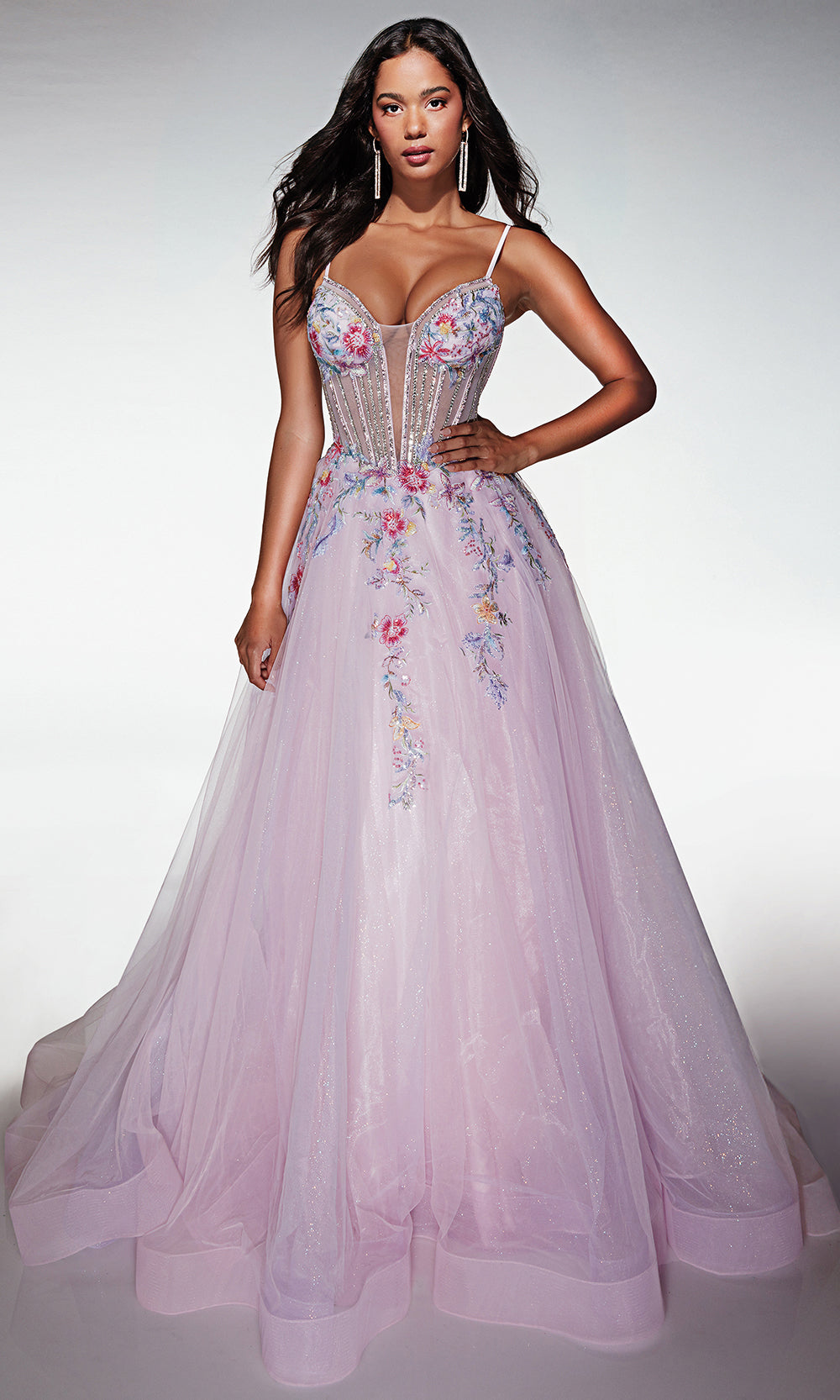Alyce Paris 62068 - Long Tulle Ballgown Dress - Illusion corset bodice, floral applique detailing, lace up back, layered sparkle tulle skirt Couture Candy Alyce Paris 62068 - Long Tulle Ballgown Dress - Illusion corset bodice, floral applique detailing, lace up back, layered sparkle tulle skirt Couture Candy