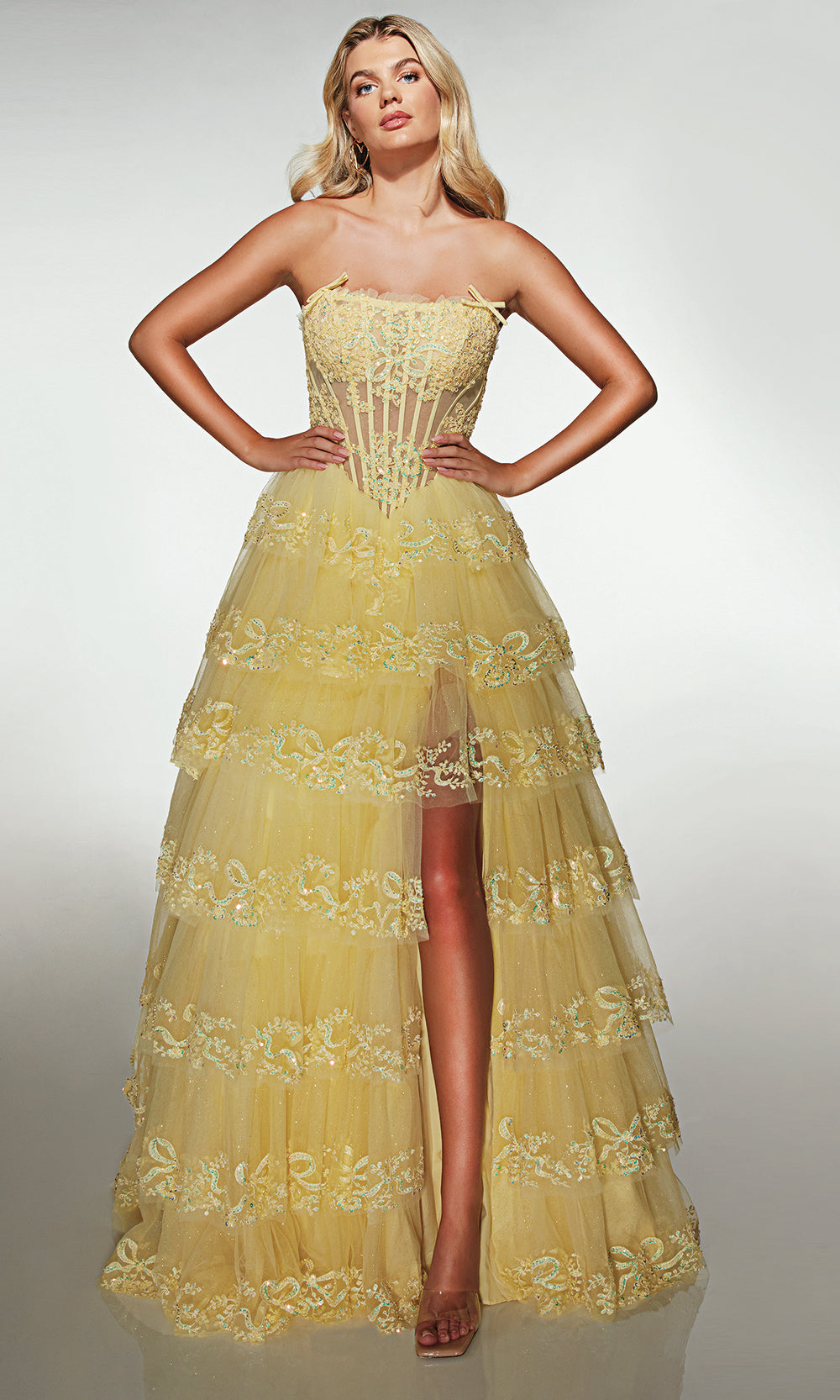 Alyce Paris 62191 - Long Tulle/Lace Ballgown Dress - Tiered ball gown skirt, structured sheer corset bodice, floral beaded applique, strapless neckline, high leg slit Couture Candy Alyce Paris 62191 - Long Tulle/Lace Ballgown Dress - Tiered ball gown skirt, structured sheer corset bodice, floral beaded applique, strapless neckline, high leg slit Couture Candy