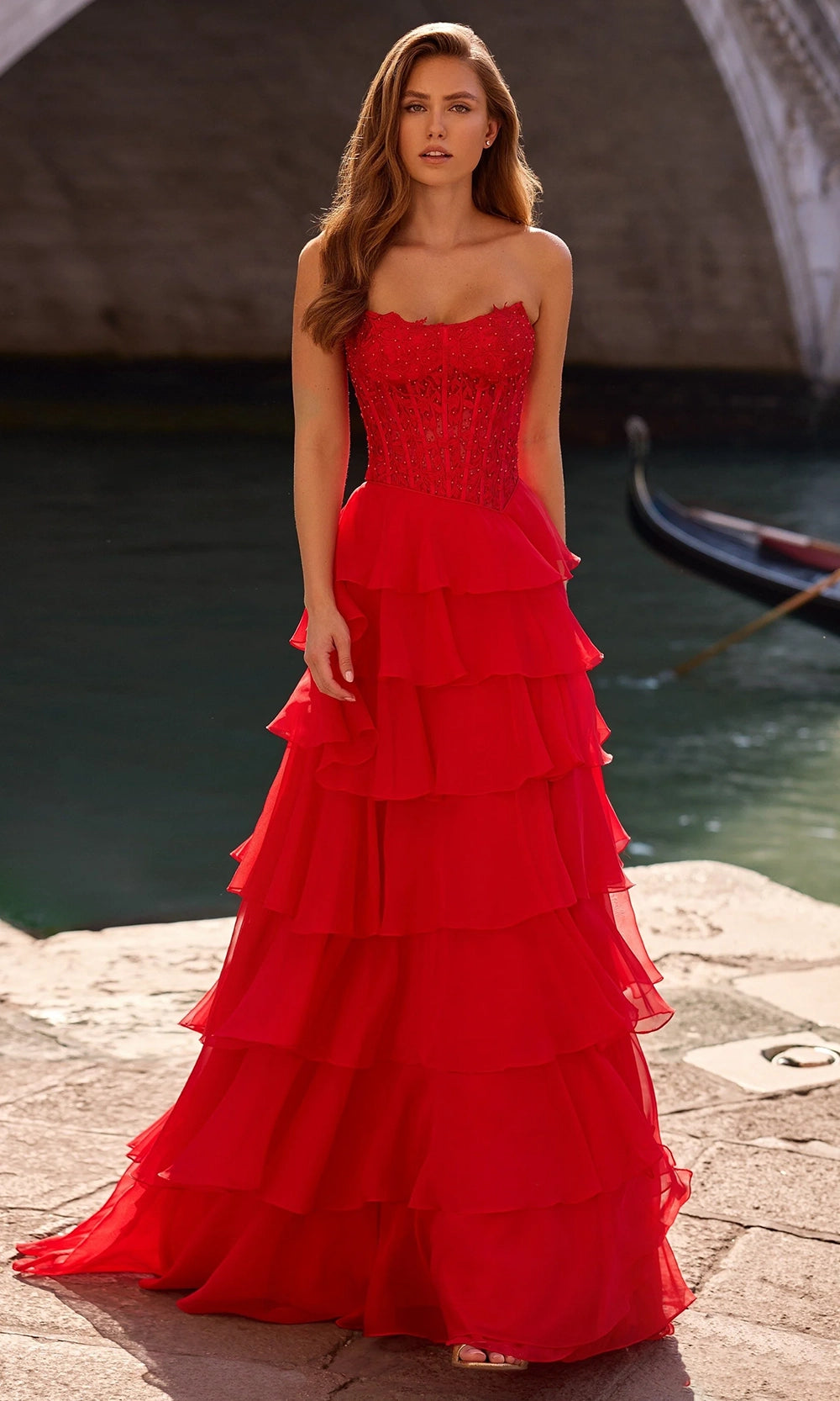 Sherri Hill 57336 - Leaf Lace Corset Ruffle Evening Gown Sherri Hill 57336 - Leaf Lace Corset Ruffle Evening Gown