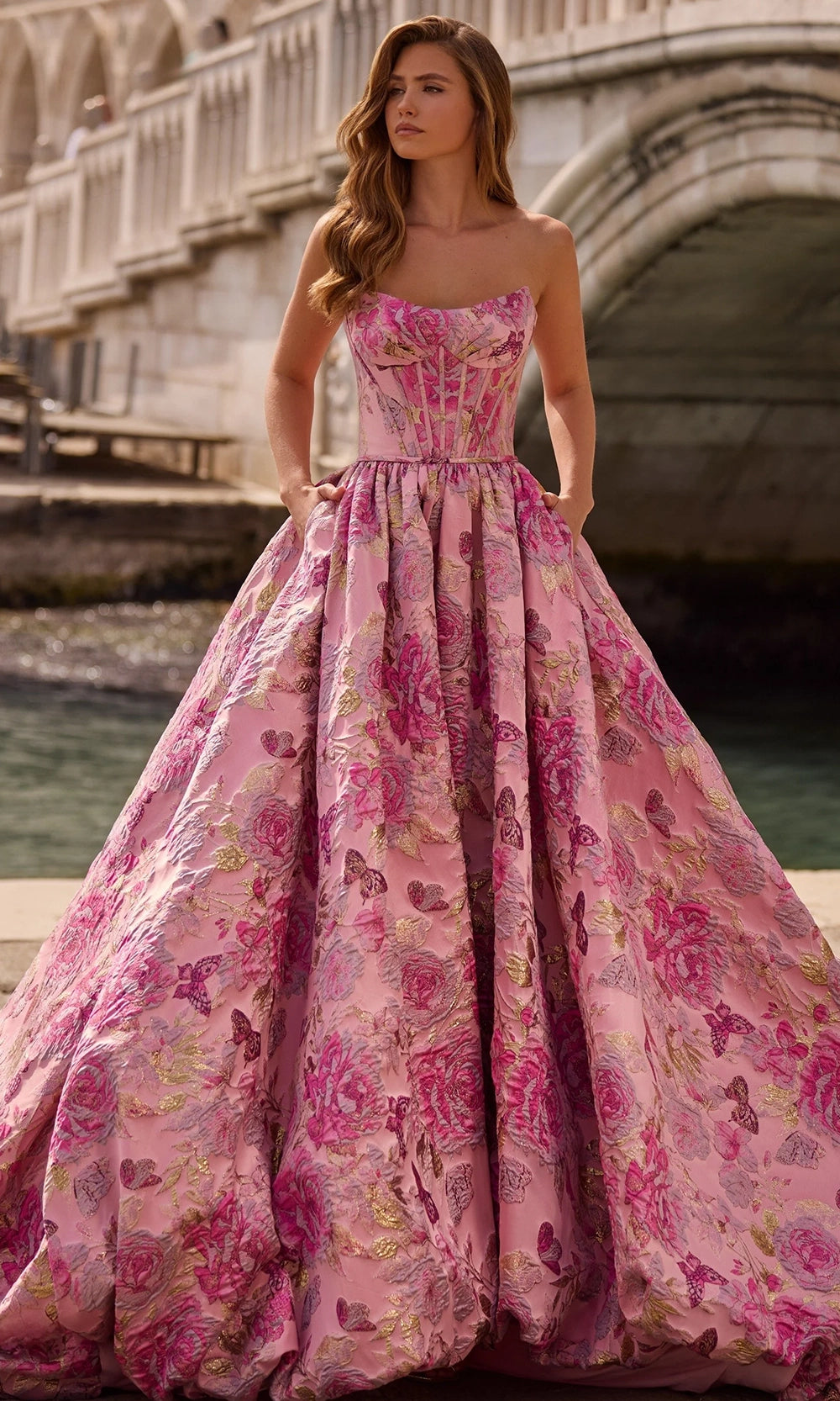 Sherri Hill 57515 - Long Brocade Ballgown Dress - Strapless Corset Bodice, Floral Pattern, Bubble Skirt, Pockets, Lace-Up Back Couture Candy Sherri Hill 57515 - Long Brocade Ballgown Dress - Strapless Corset Bodice, Floral Pattern, Bubble Skirt, Pockets, Lace-Up Back Couture Candy